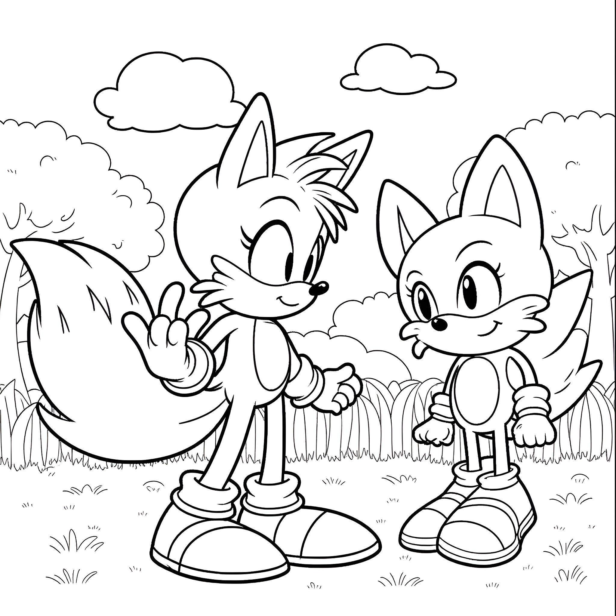 Tails and Sonic playing in the field Coloring Page (free black-and-white line drawing printable PDF for all, from beginners to advanced learners, including children, teens, adults, and seniors)