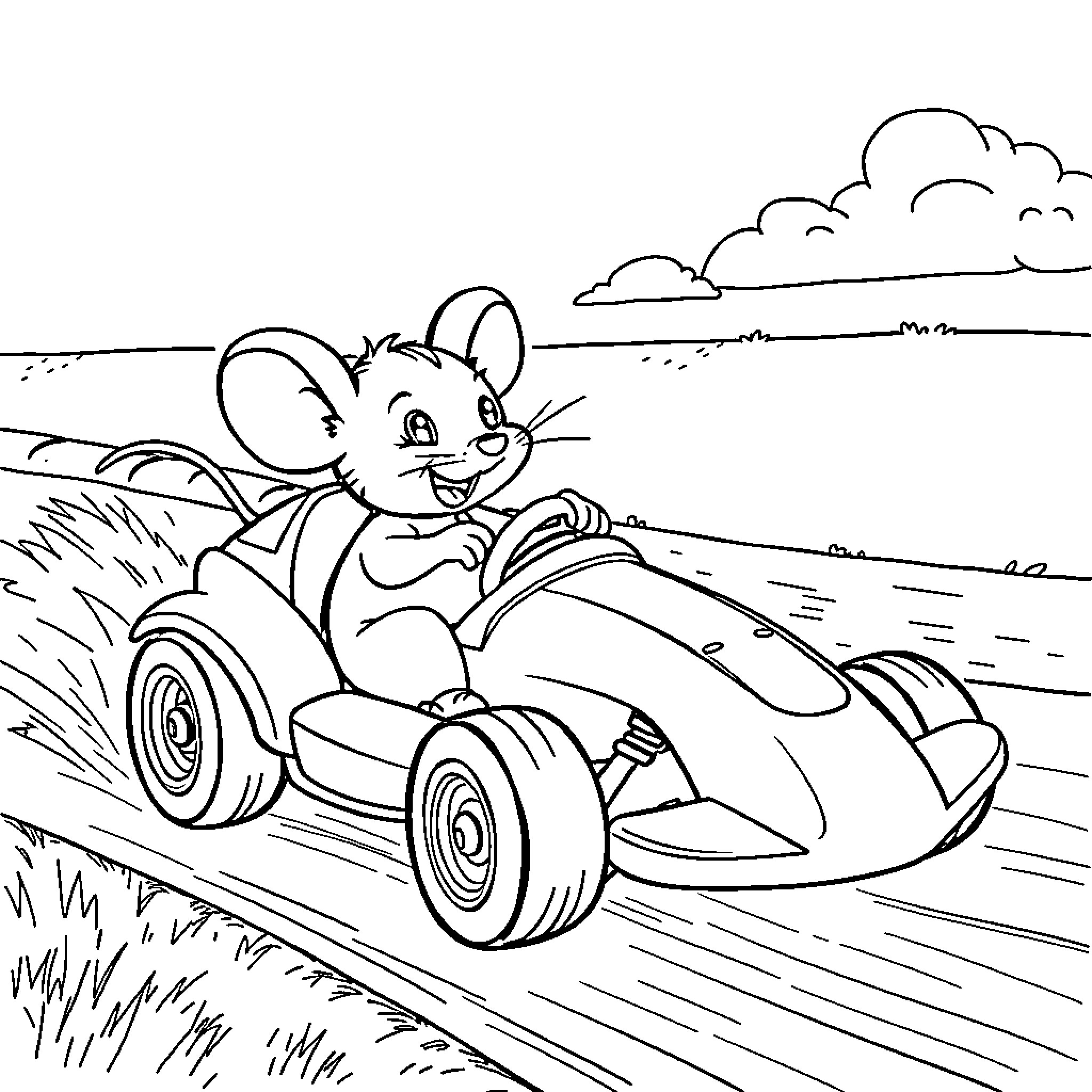 Mini Mouse driving a race car through the countryside Coloring Page (free black-and-white line drawing printable PDF for all, from beginners to advanced learners, including children, teens, adults, and seniors)