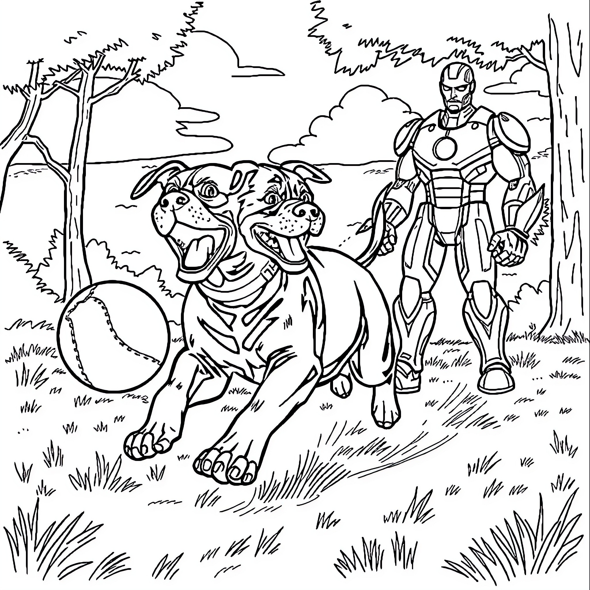 Rottweiler plays with robotic companion in forest Coloring Page (free black-and-white line drawing printable PDF for all, from beginners to advanced learners, including children, teens, adults, and seniors)
