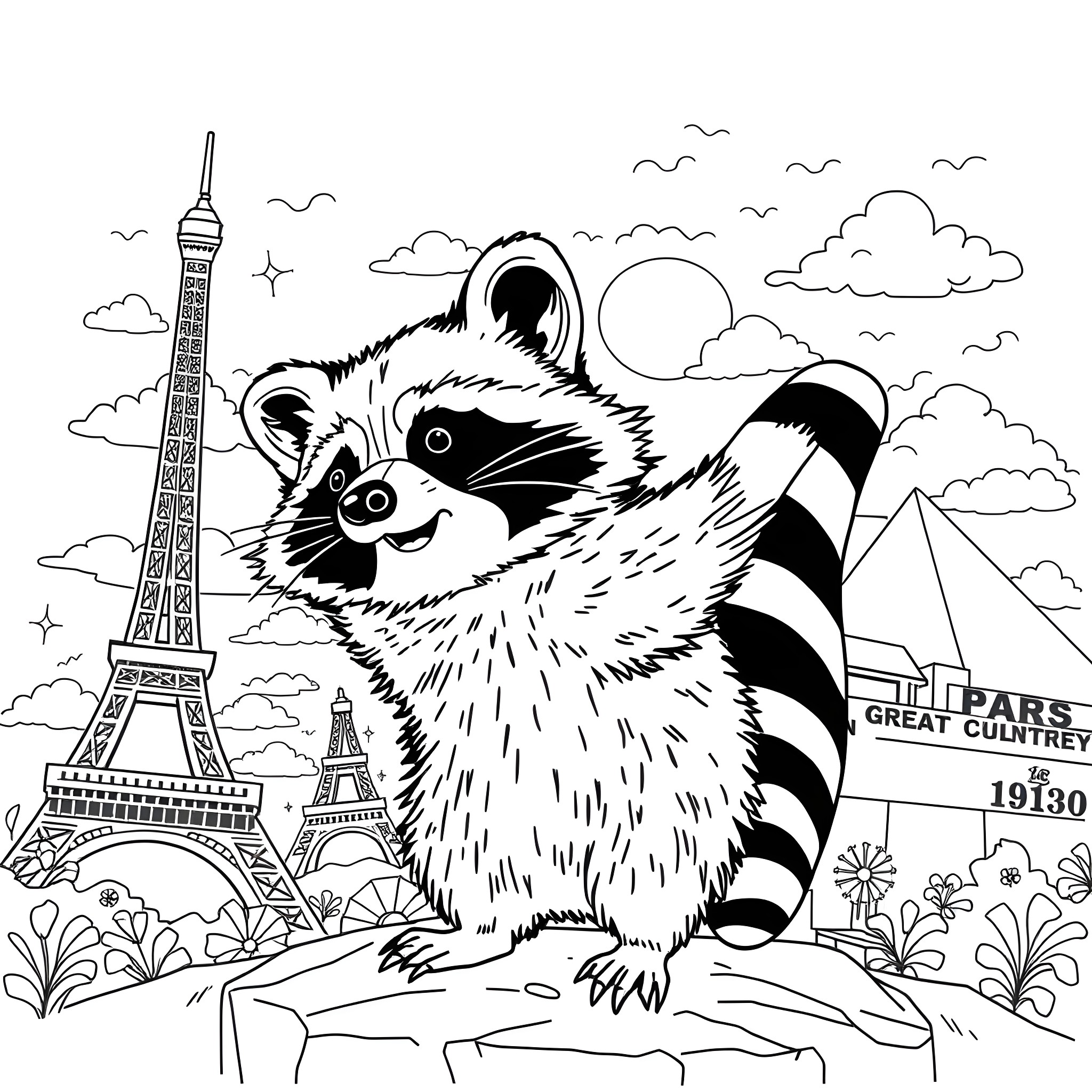 Raccoon exploring the sights of Paris Coloring Page (free black-and-white line drawing printable PDF for all, from beginners to advanced learners, including children, teens, adults, and seniors)