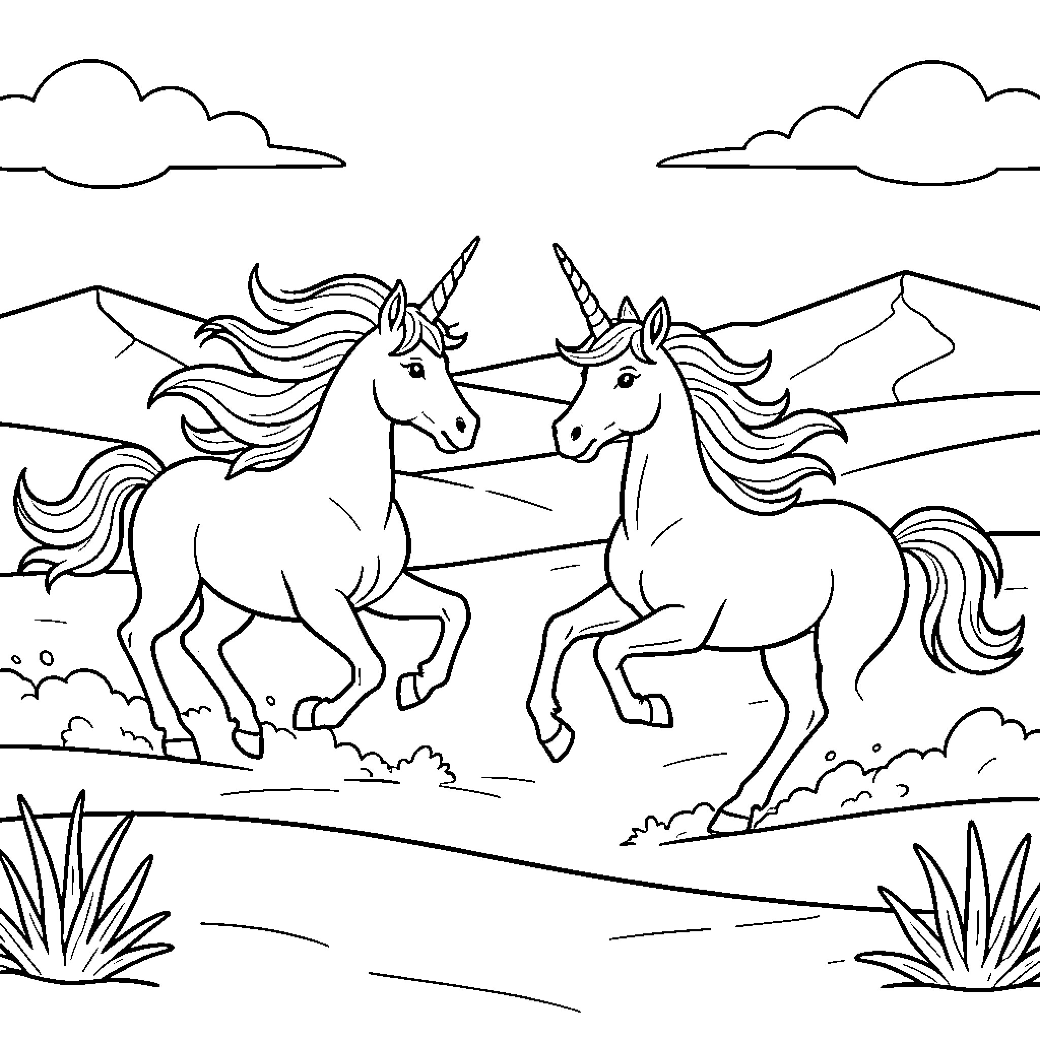 Unicorns running joyfully through a hilly landscape Coloring Page (free black-and-white line drawing printable PDF for all, from beginners to advanced learners, including children, teens, adults, and seniors)