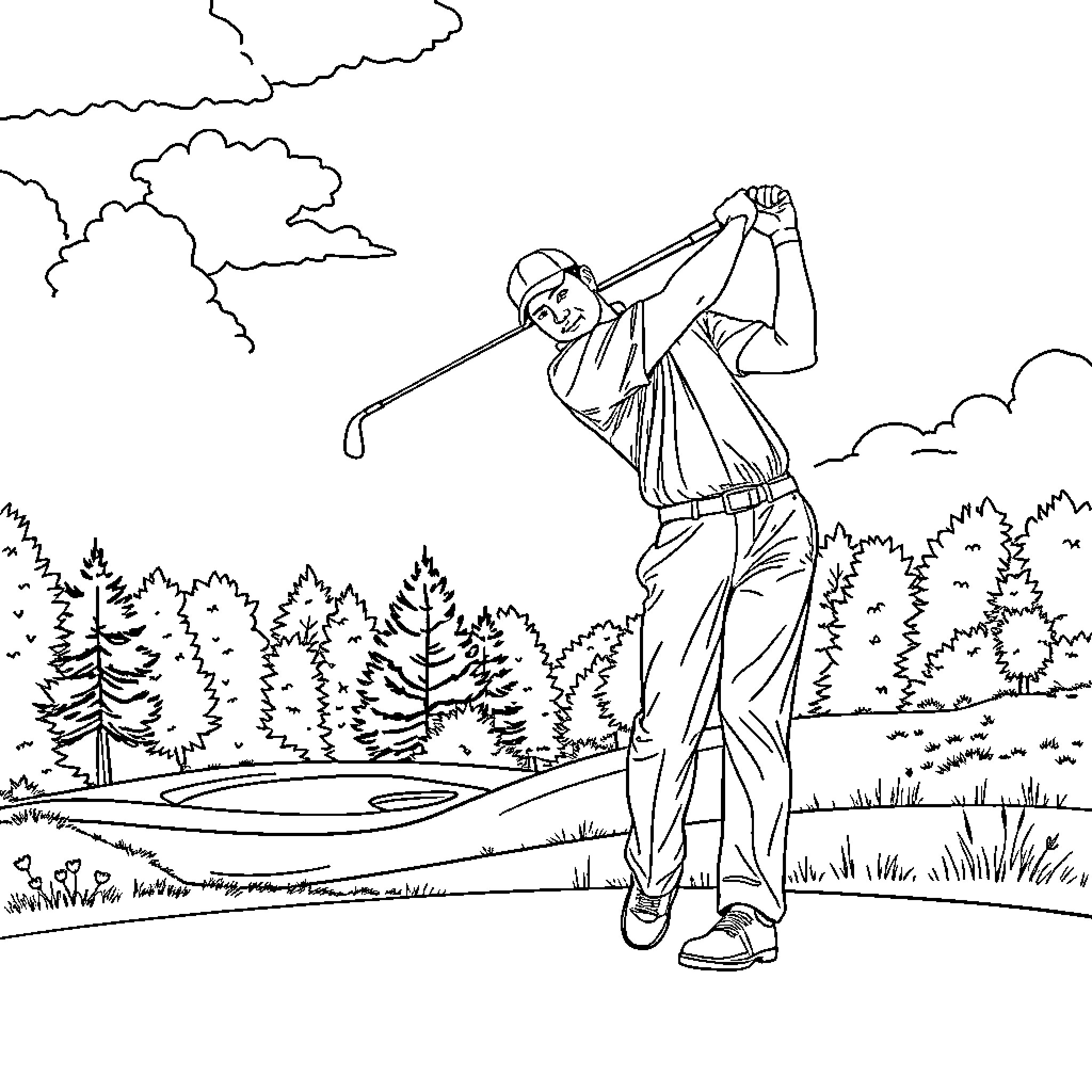 Tiger Woods golfing in the wilderness Coloring Page (free black-and-white line drawing printable PDF for all, from beginners to advanced learners, including children, teens, adults, and seniors)