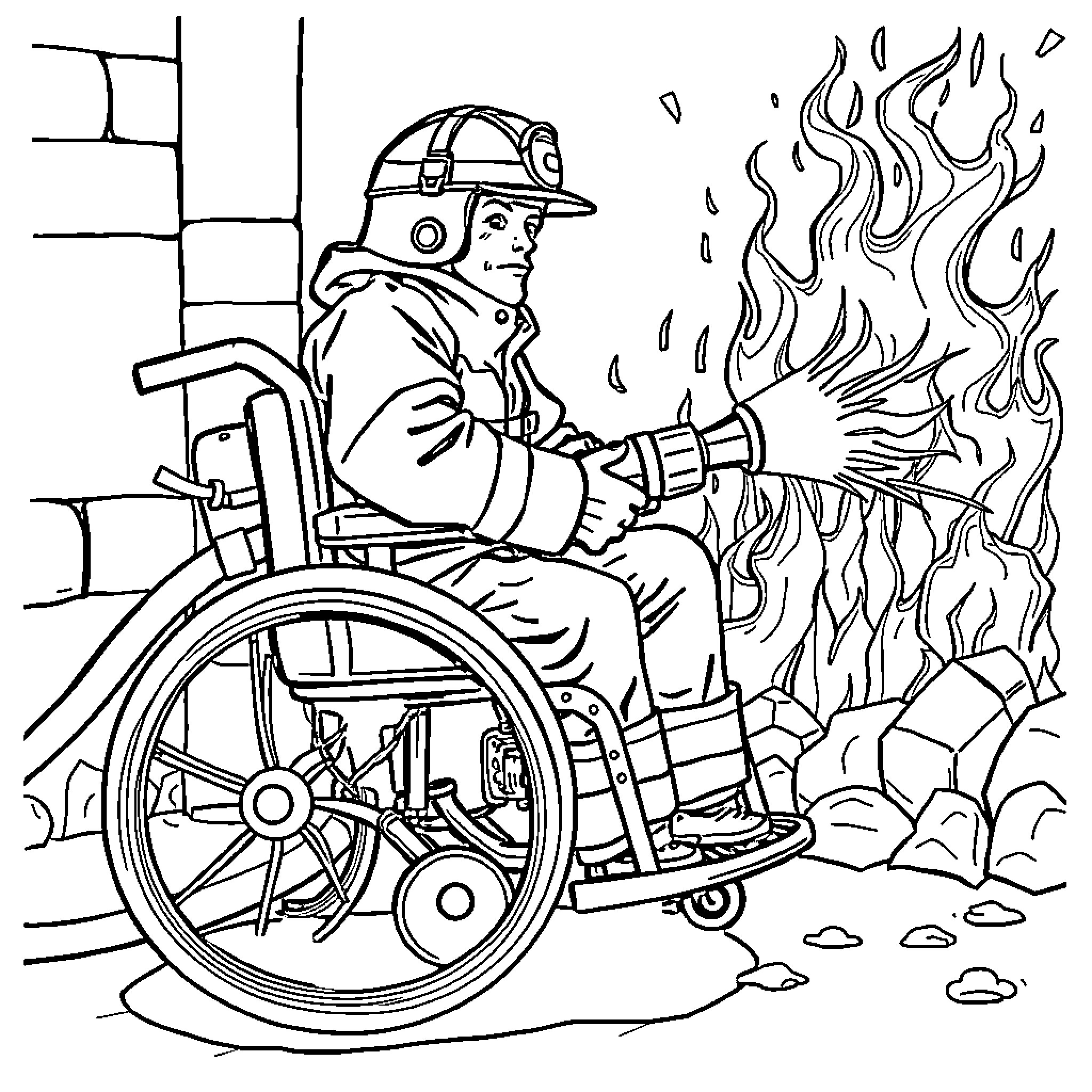 Firefighter in Wheelchair Fighting Fire Coloring Page (free black-and-white line drawing printable PDF for all, from beginners to advanced learners, including children, teens, adults, and seniors)