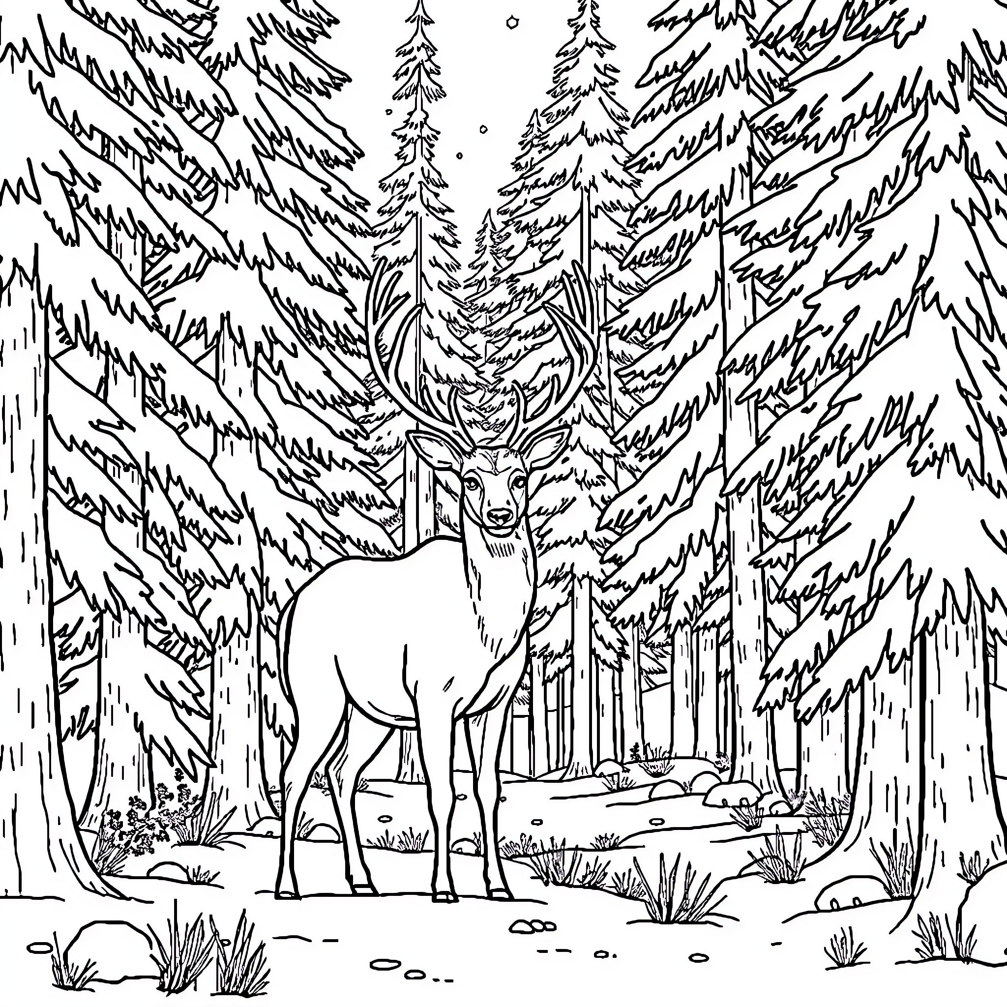 Deer standing proudly in the forest Coloring Page (free black-and-white line drawing printable PDF for all, from beginners to advanced learners, including children, teens, adults, and seniors)