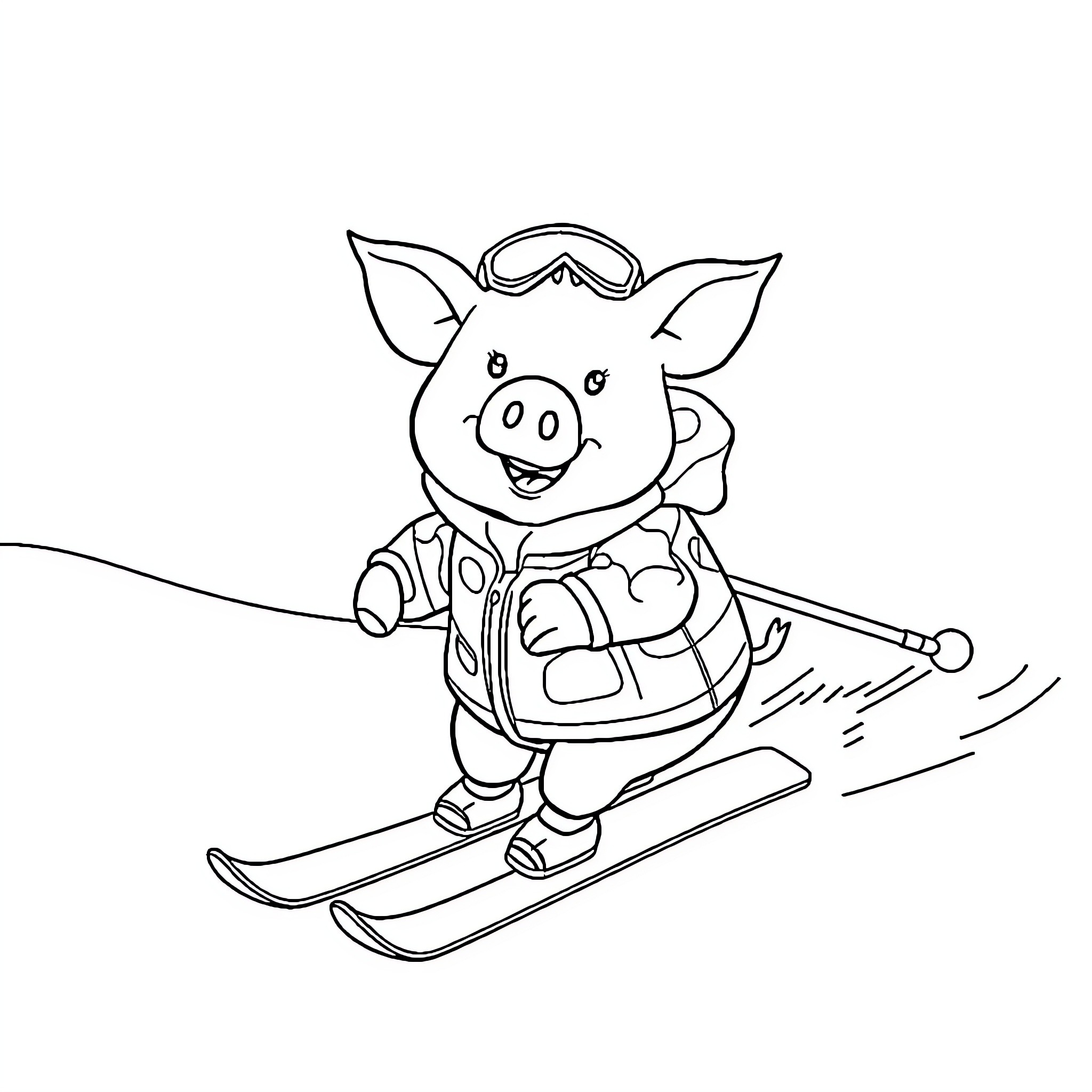 Pig skiing down the slopes in winter gear Coloring Page (free black-and-white line drawing printable PDF for all, from beginners to advanced learners, including children, teens, adults, and seniors)