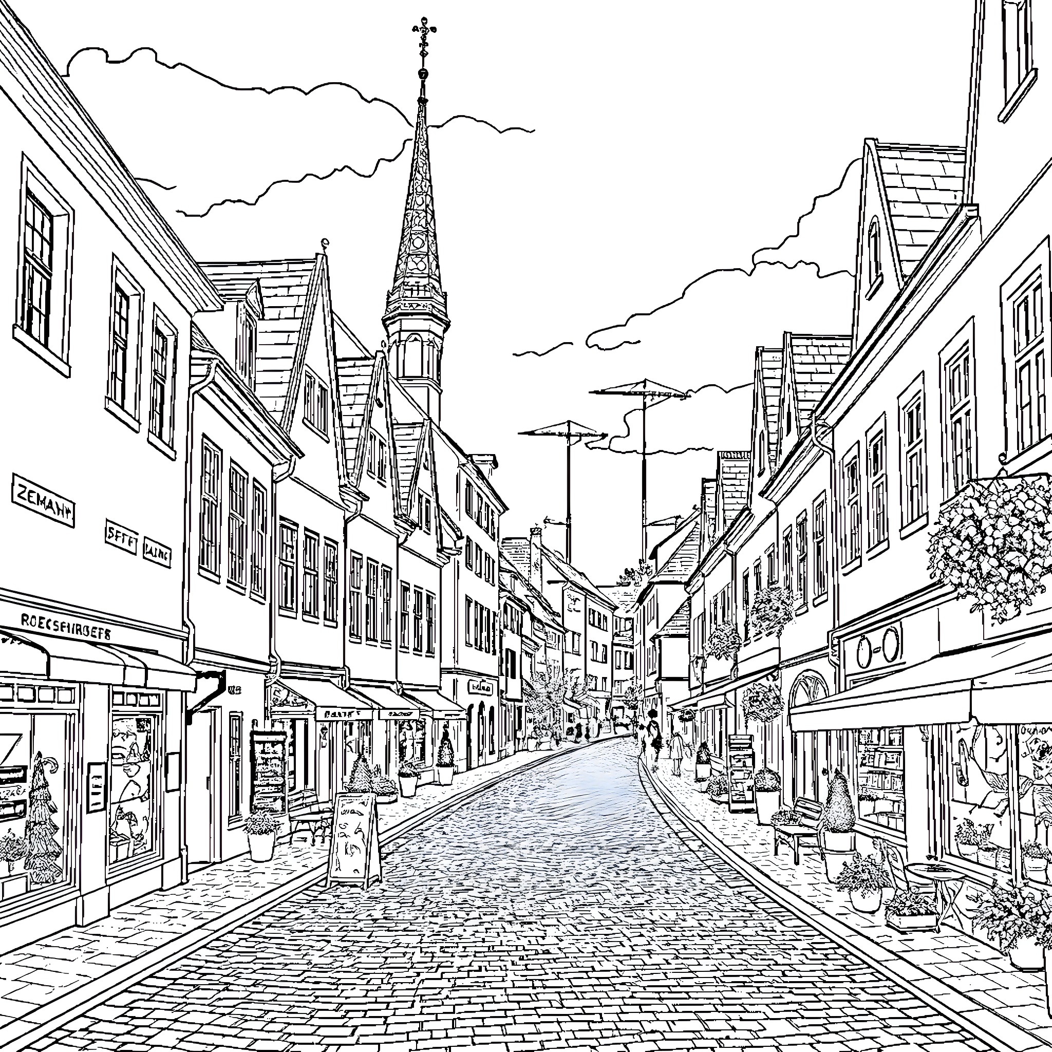 Regensburg: Bustling medieval street scene with historic architecture Coloring Page (free black-and-white line drawing printable PDF for all, from beginners to advanced learners, including children, teens, adults, and seniors)