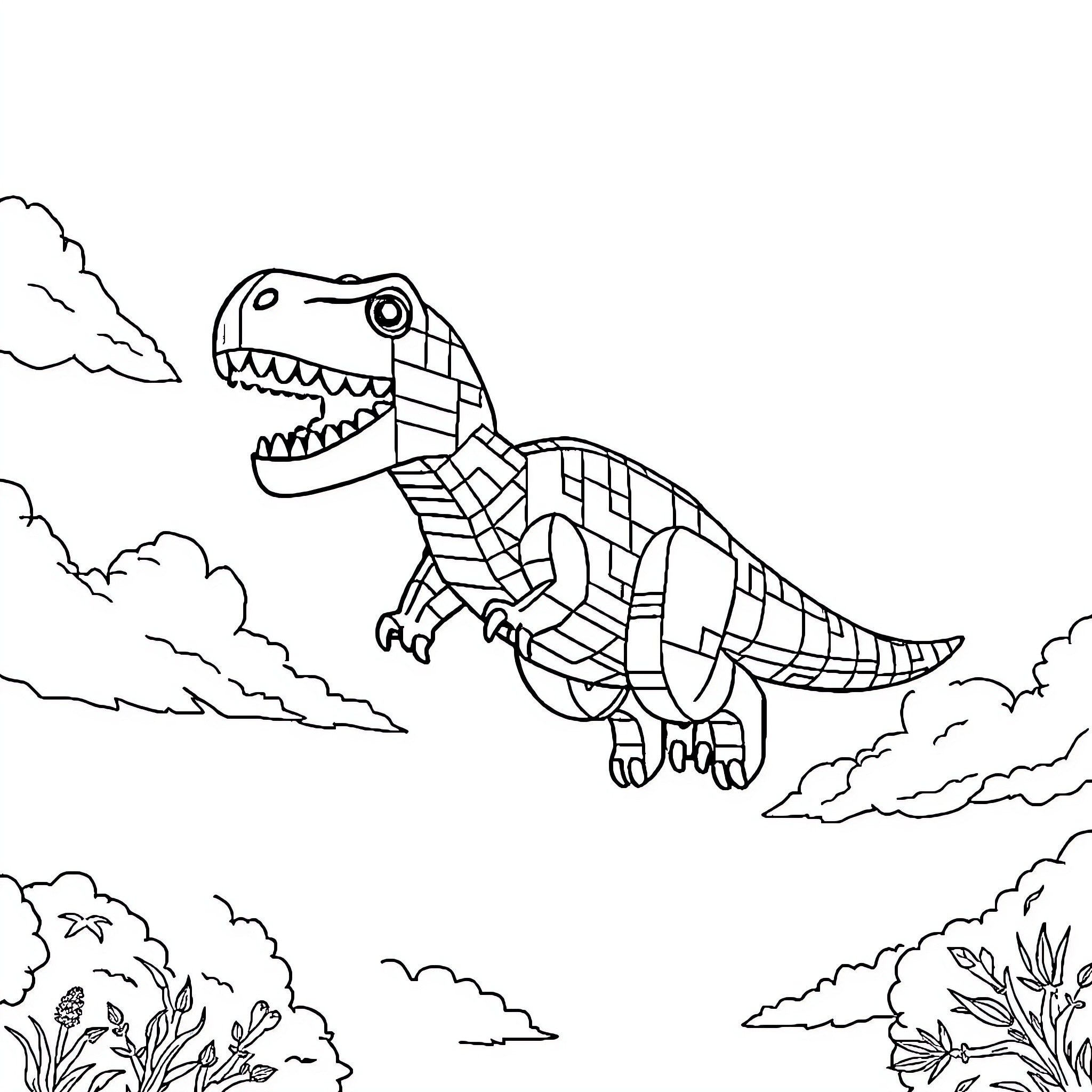 Dinosaur roaring in the sky Coloring Page (free black-and-white line drawing printable PDF for all, from beginners to advanced learners, including children, teens, adults, and seniors)