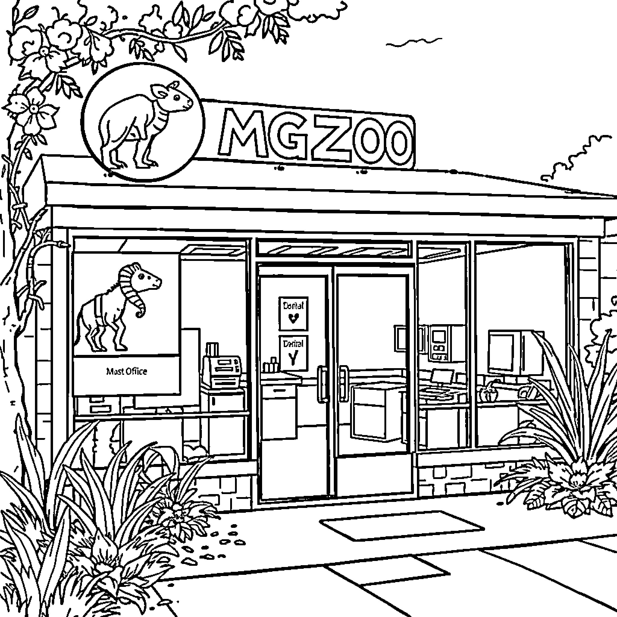 Zoo entrance with animal exhibits and foliage Coloring Page (free black-and-white line drawing printable PDF for all, from beginners to advanced learners, including children, teens, adults, and seniors)
