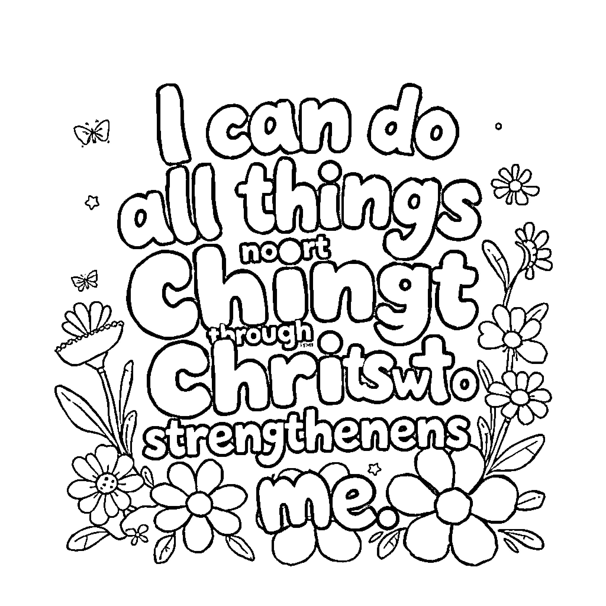 Christ Strengthens Me Through All Things Coloring Page (free black-and-white line drawing printable PDF for all, from beginners to advanced learners, including children, teens, adults, and seniors)