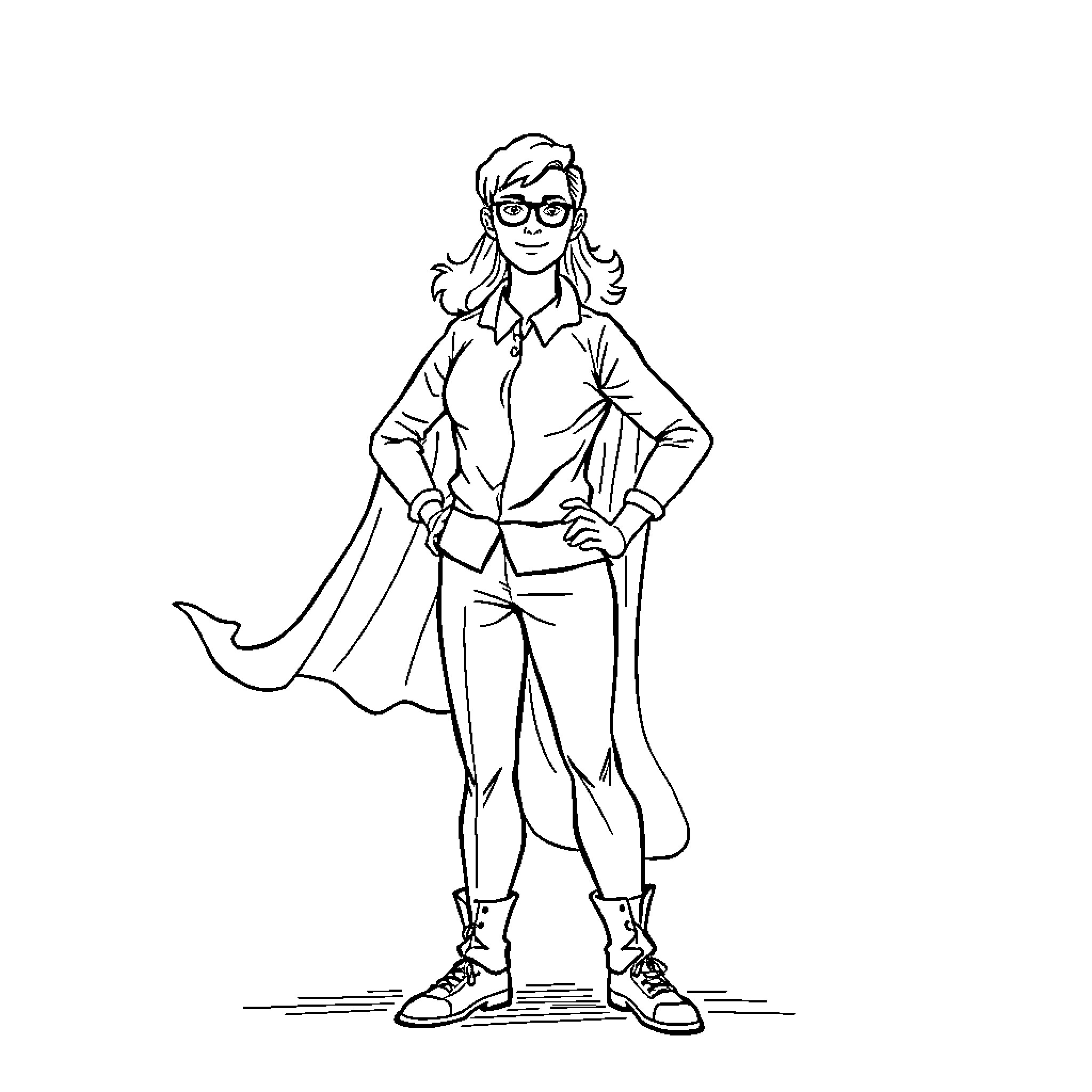 Teacher in stylish attire with confident stance Coloring Page (free black-and-white line drawing printable PDF for all, from beginners to advanced learners, including children, teens, adults, and seniors)