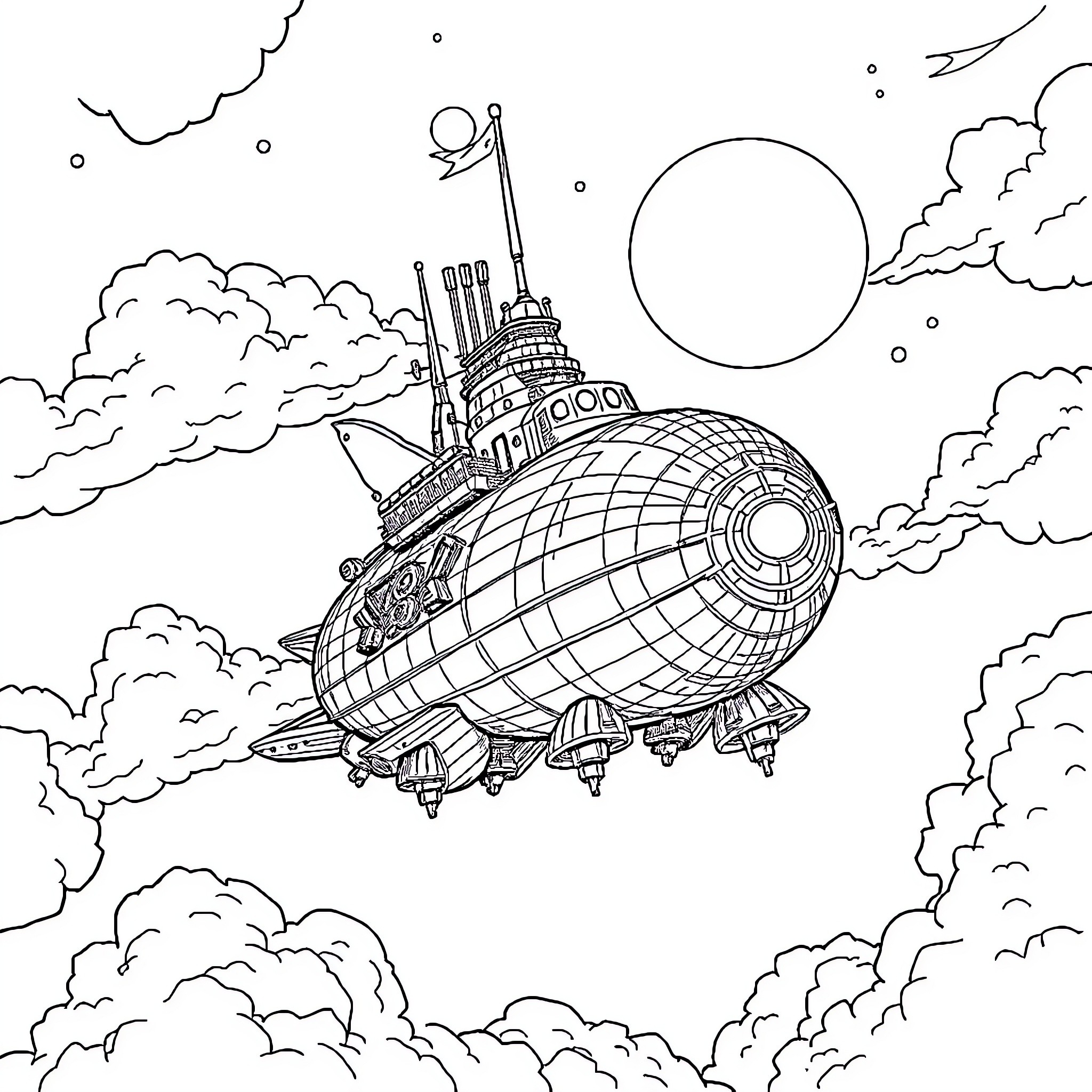 Robur Lo's Fantastical Airship Adventure Coloring Page (free black-and-white line drawing printable PDF for all, from beginners to advanced learners, including children, teens, adults, and seniors)