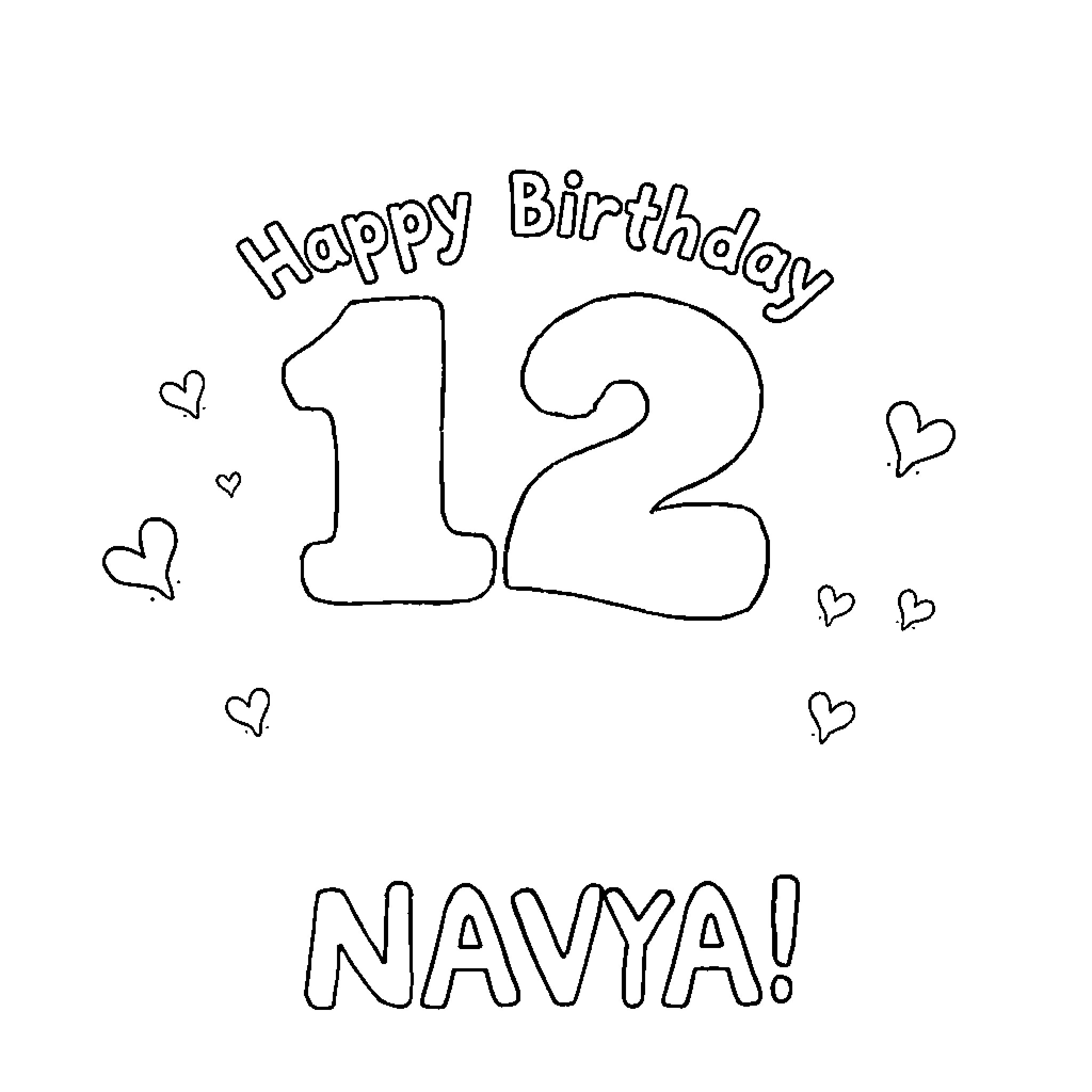 Birthday Celebration with Playful Text and Hearts Coloring Page (free black-and-white line drawing printable PDF for all, from beginners to advanced learners, including children, teens, adults, and seniors)