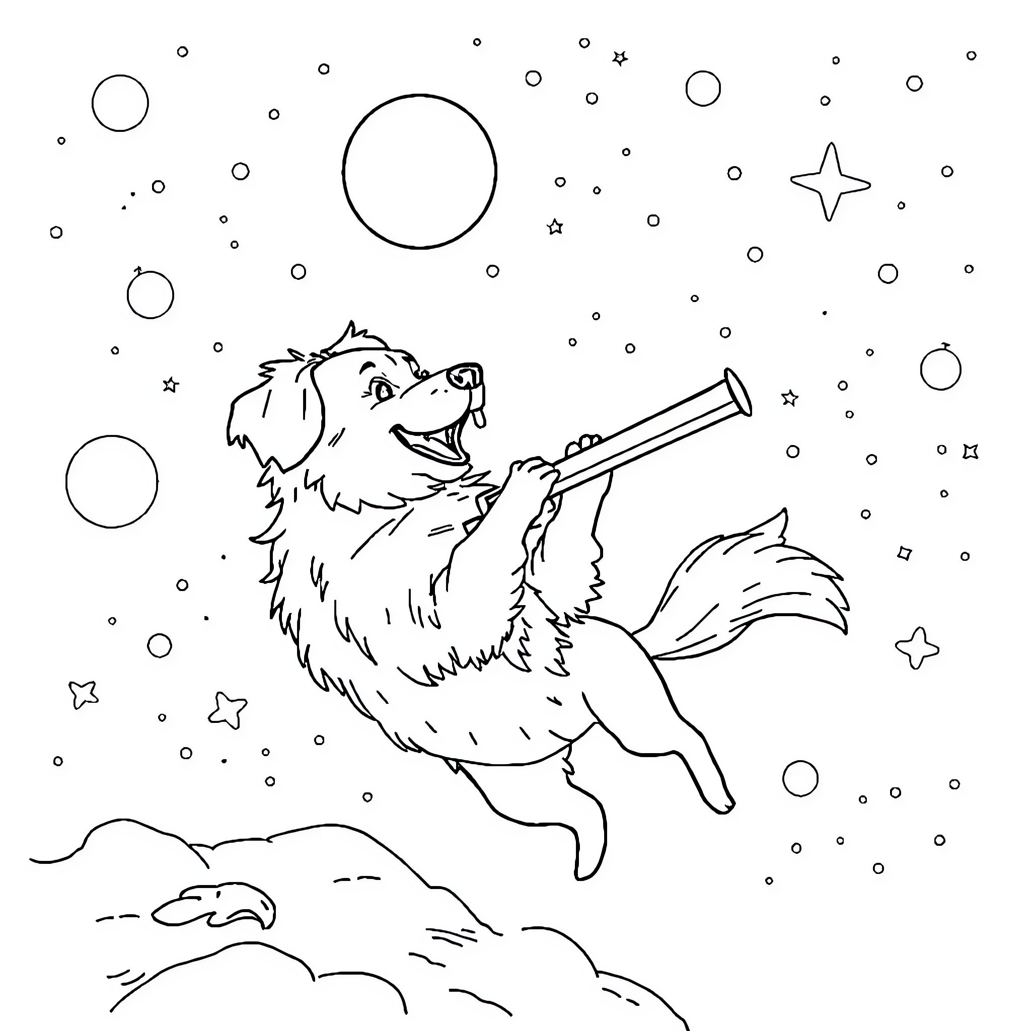 Dog howling at the moon in the night sky Coloring Page (free black-and-white line drawing printable PDF for all, from beginners to advanced learners, including children, teens, adults, and seniors)