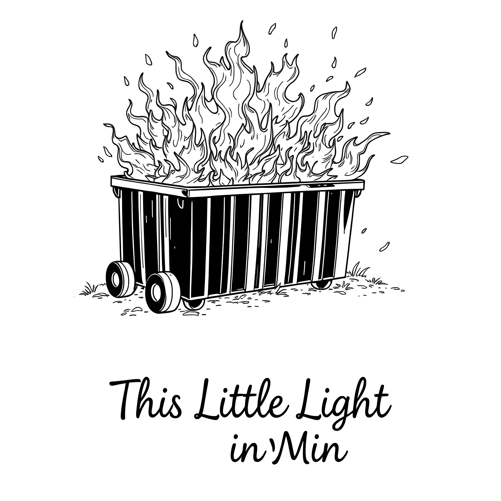 Dumpster on Fire Coloring Page (free black-and-white line drawing printable PDF for all, from beginners to advanced learners, including children, teens, adults, and seniors)