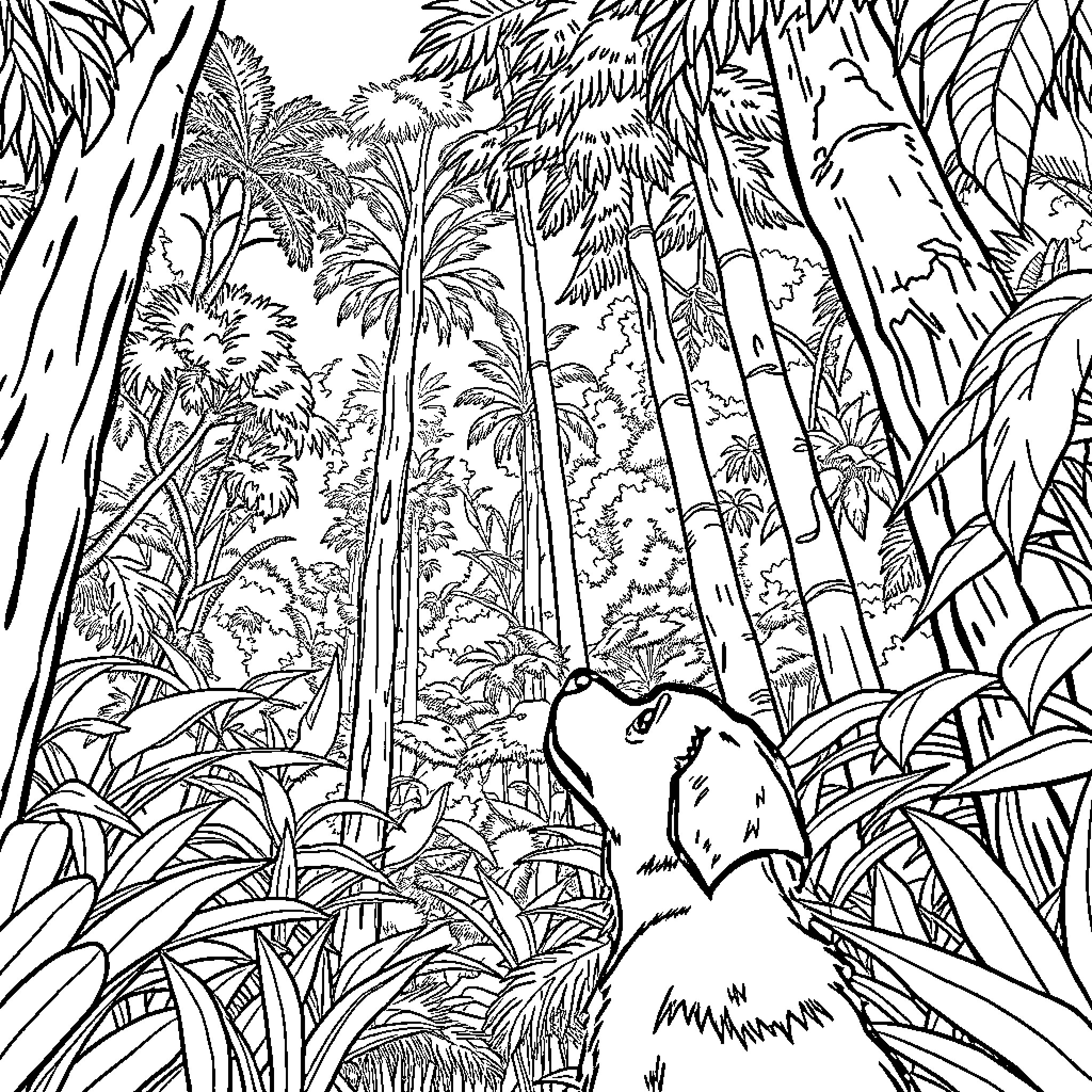 Dog exploring the lush tropical jungle Coloring Page (free black-and-white line drawing printable PDF for all, from beginners to advanced learners, including children, teens, adults, and seniors)