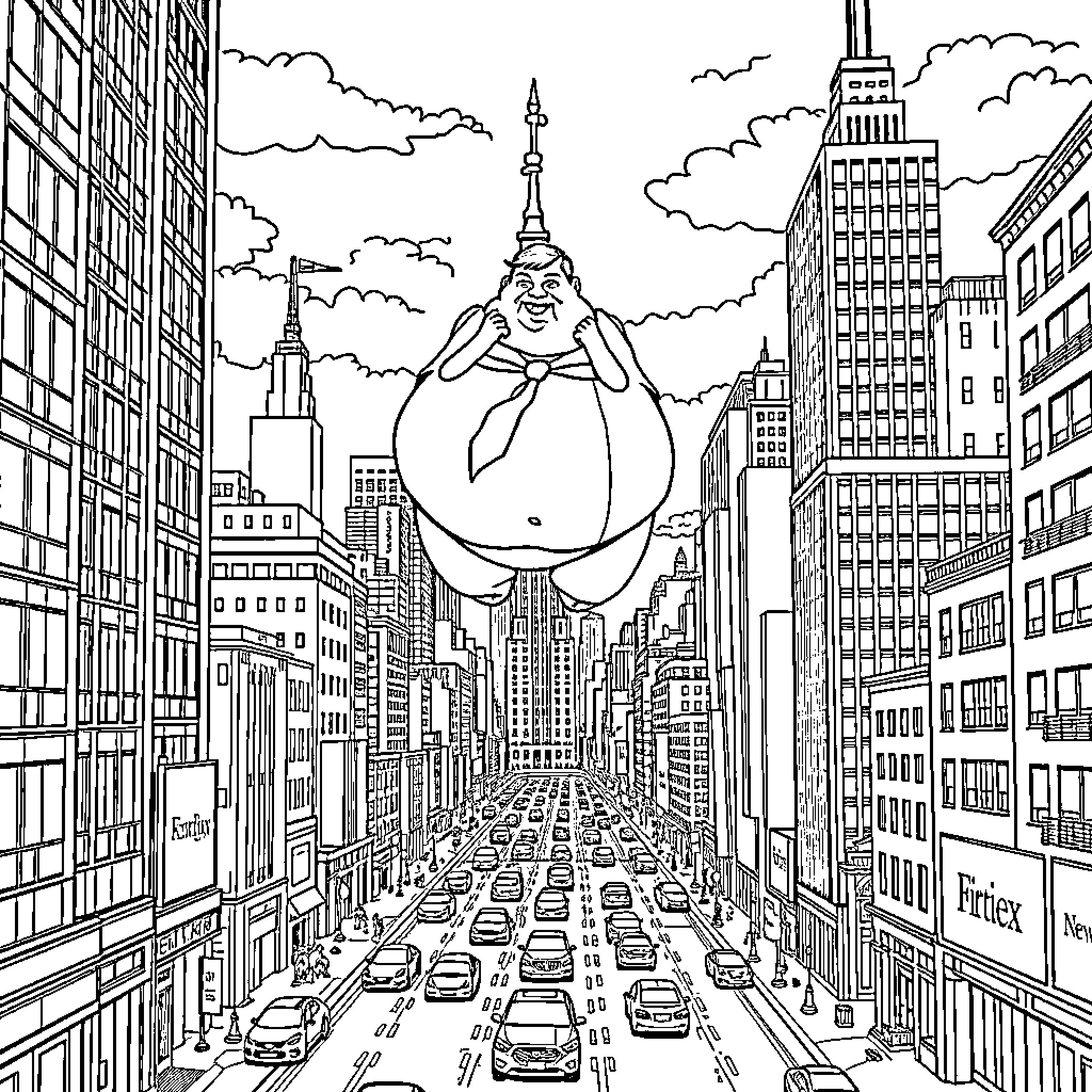 Man enjoying a giant parade in the city Coloring Page (free black-and-white line drawing printable PDF for all, from beginners to advanced learners, including children, teens, adults, and seniors)