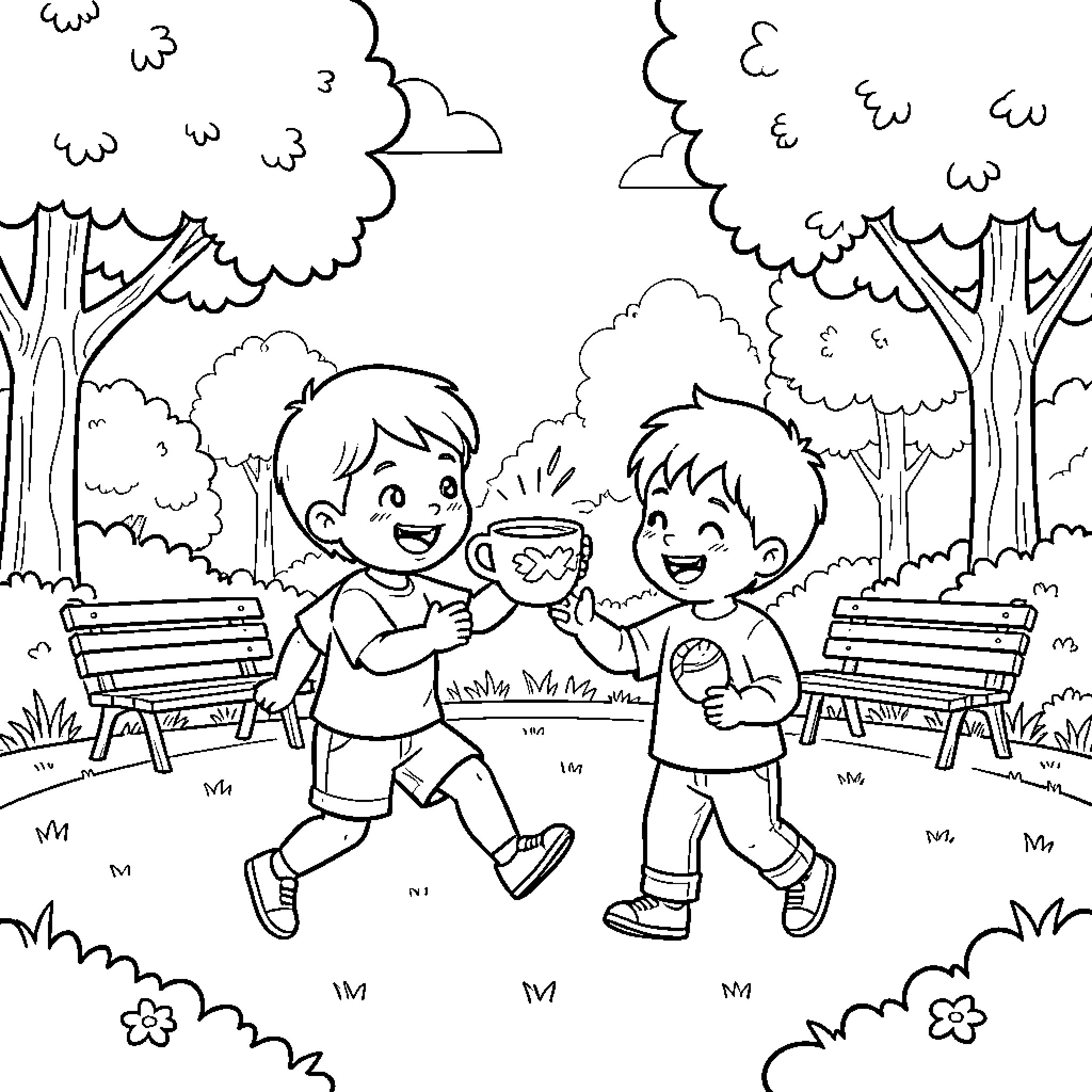 Cuphead characters playing happily in the park Coloring Page (free black-and-white line drawing printable PDF for all, from beginners to advanced learners, including children, teens, adults, and seniors)