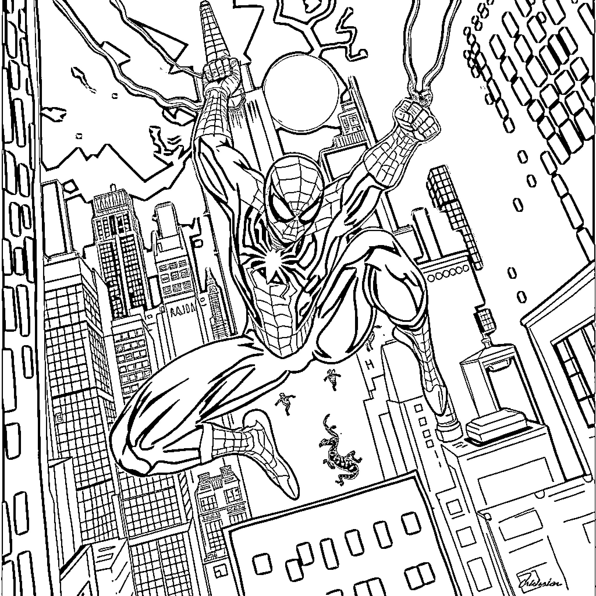 Spiderman swinging through the city skyline Coloring Page (free black-and-white line drawing printable PDF for all, from beginners to advanced learners, including children, teens, adults, and seniors)
