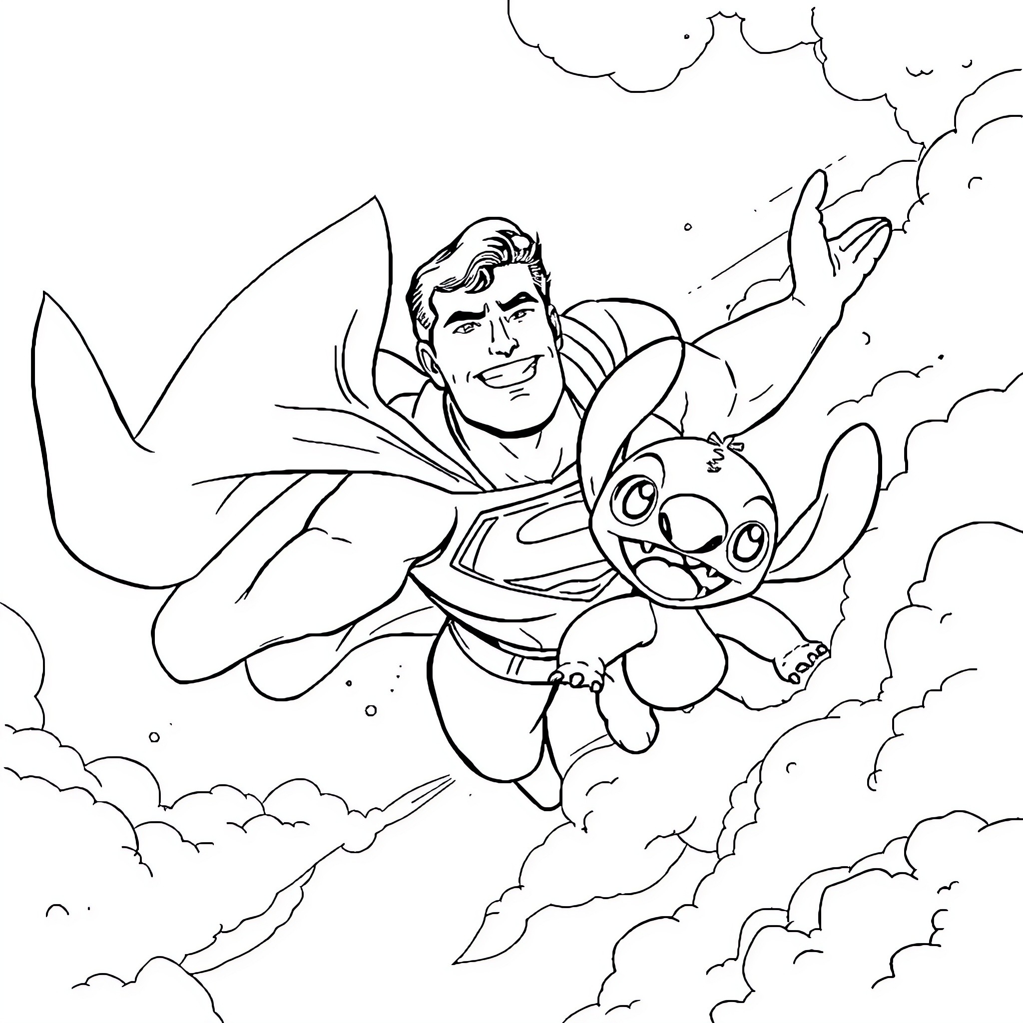 Superman flying heroically with cute companion Coloring Page (free black-and-white line drawing printable PDF for all, from beginners to advanced learners, including children, teens, adults, and seniors)