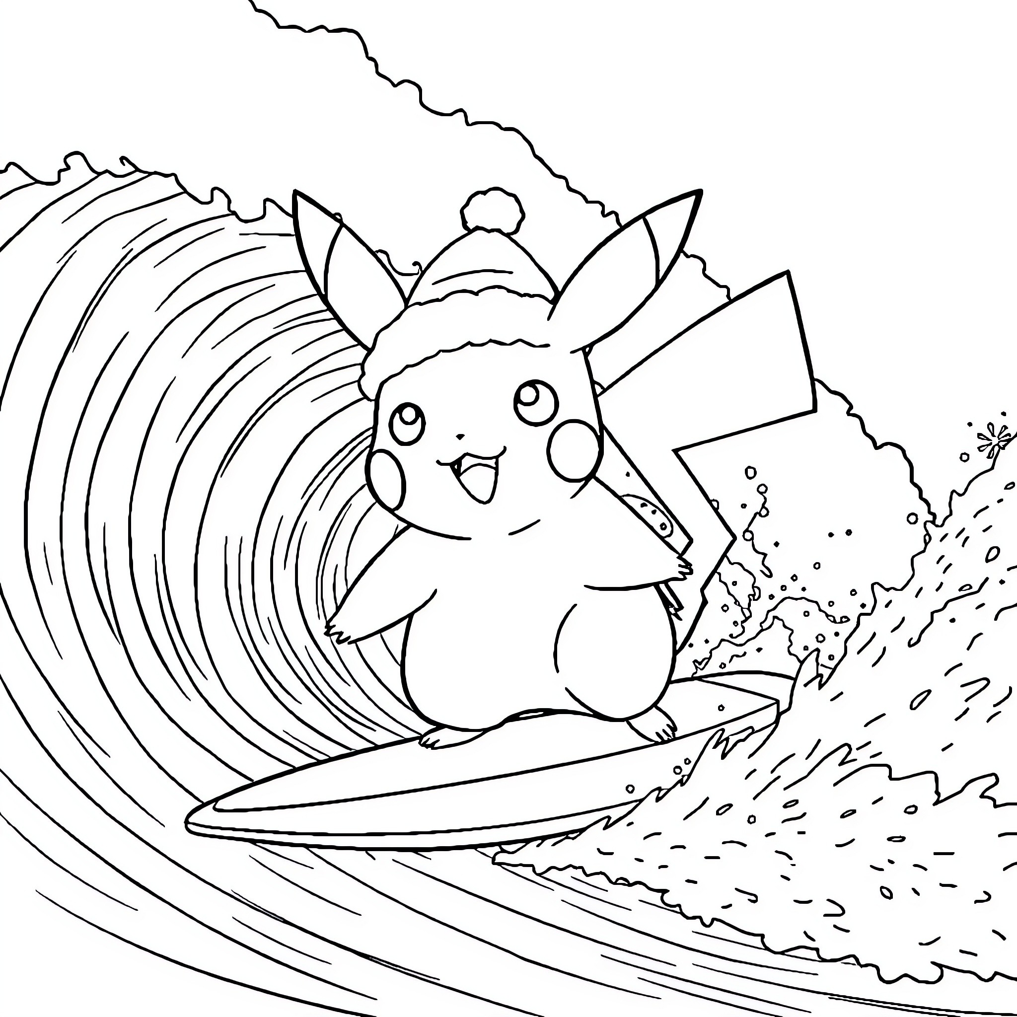 Pikachu surfing on a giant wave Coloring Page (free black-and-white line drawing printable PDF for all, from beginners to advanced learners, including children, teens, adults, and seniors)