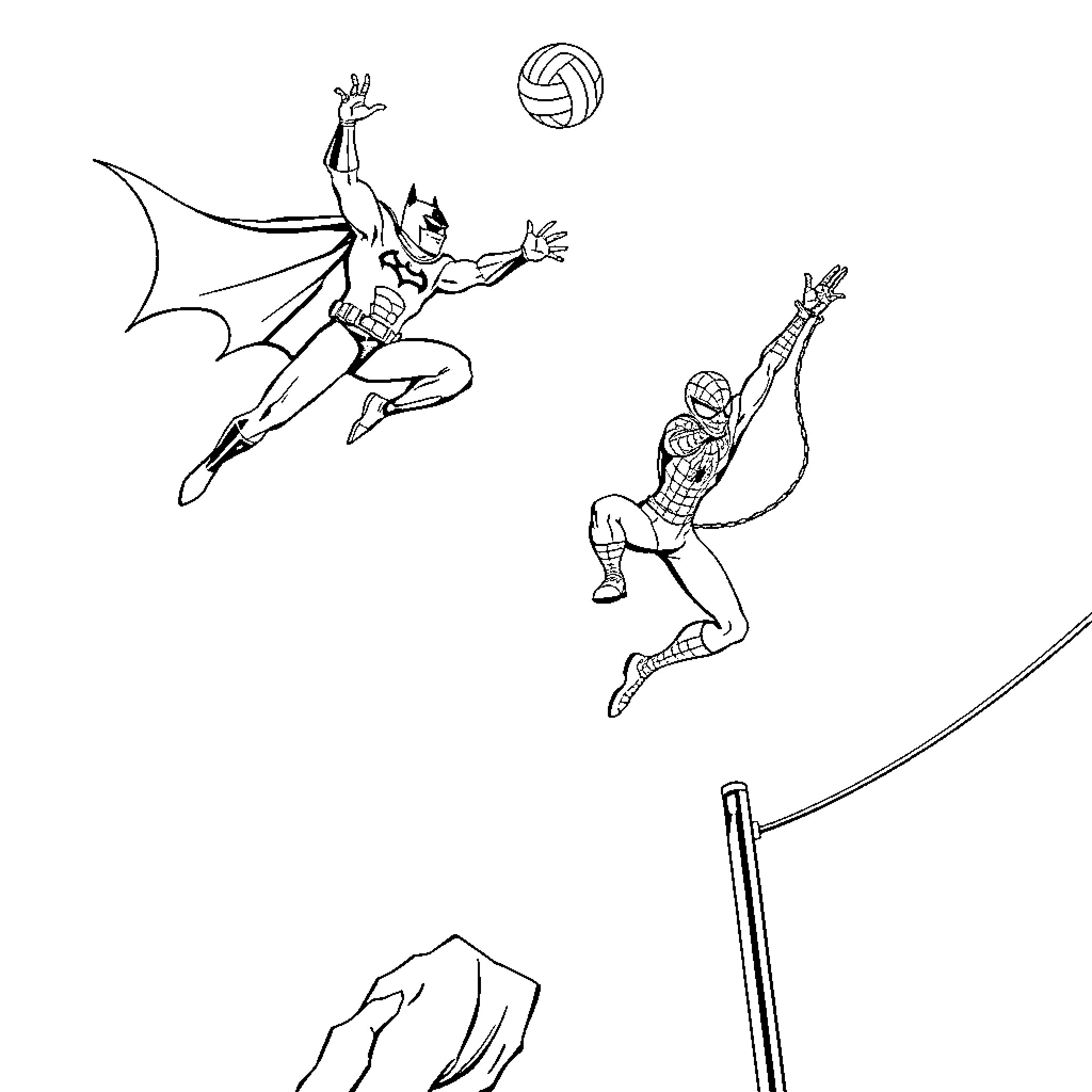 Batman in heroic poses with volleyball Coloring Page (free black-and-white line drawing printable PDF for all, from beginners to advanced learners, including children, teens, adults, and seniors)