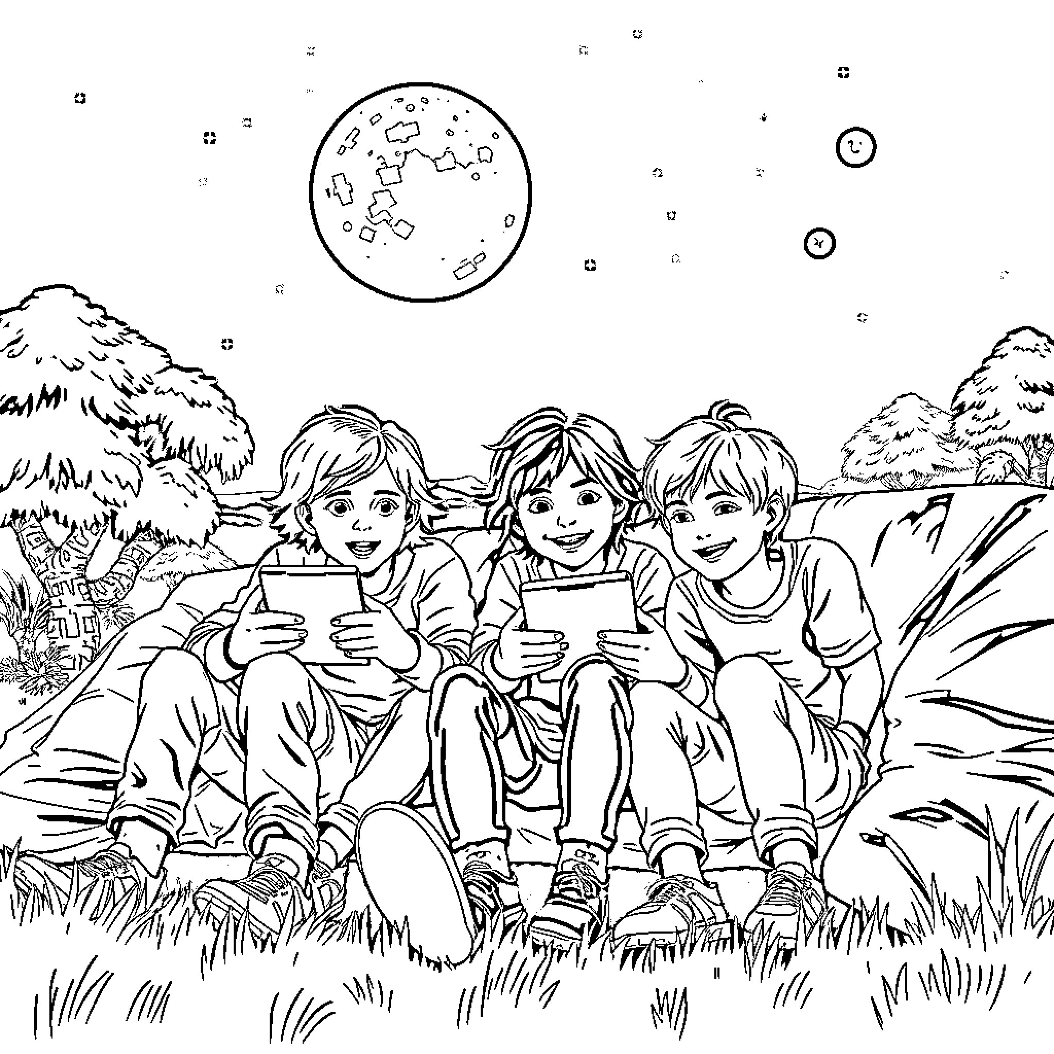Kid Friends Enjoying Outdoor Night Scene Coloring Page (free black-and-white line drawing printable PDF for all, from beginners to advanced learners, including children, teens, adults, and seniors)