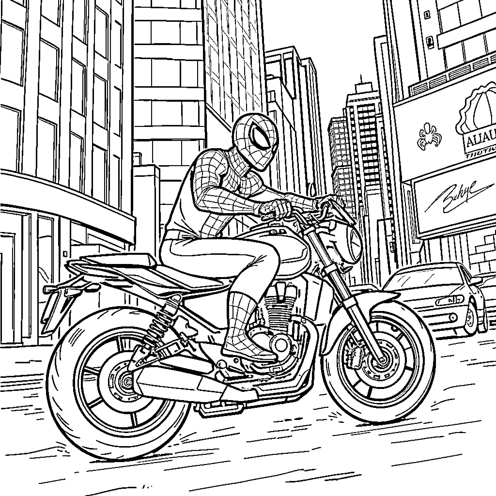 Spider-Man riding a motorcycle through the city Coloring Page (free black-and-white line drawing printable PDF for all, from beginners to advanced learners, including children, teens, adults, and seniors)
