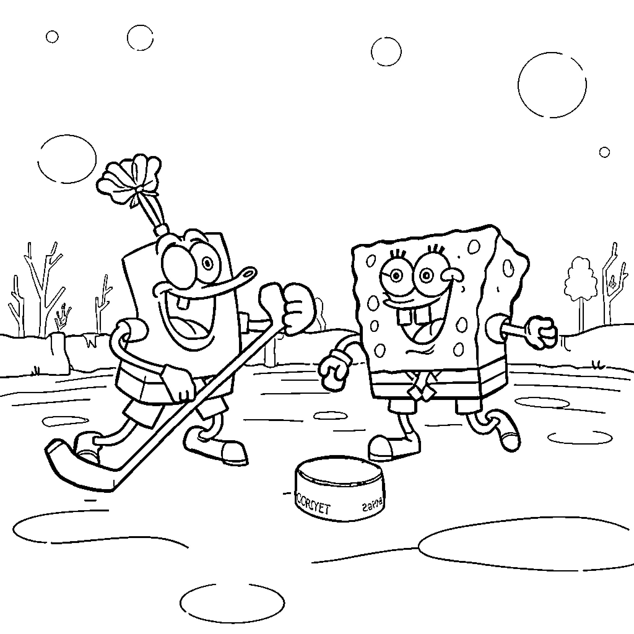 Mr. Krabs and SpongeBob having fun outdoors Coloring Page (free black-and-white line drawing printable PDF for all, from beginners to advanced learners, including children, teens, adults, and seniors)