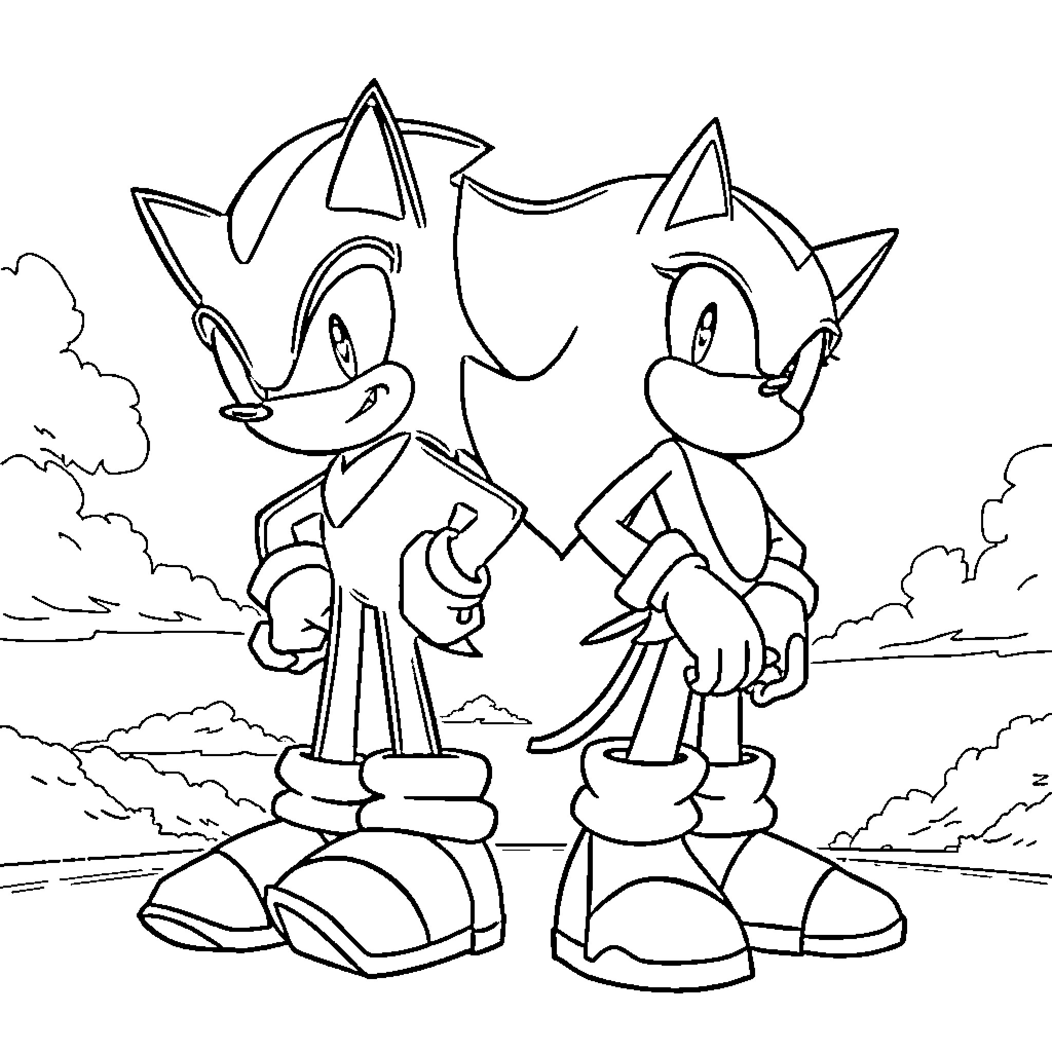 Sonic and Friend Playful Adventure Coloring Page (free black-and-white line drawing printable PDF for all, from beginners to advanced learners, including children, teens, adults, and seniors)