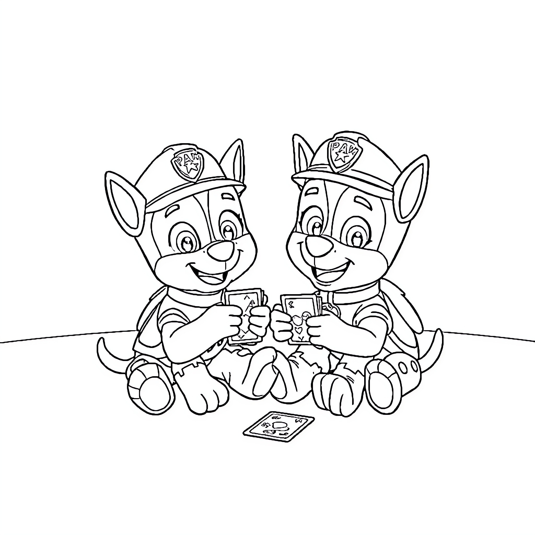 Paw Patrol Puppies Enjoying a Game Together Coloring Page (free black-and-white line drawing printable PDF for all, from beginners to advanced learners, including children, teens, adults, and seniors)
