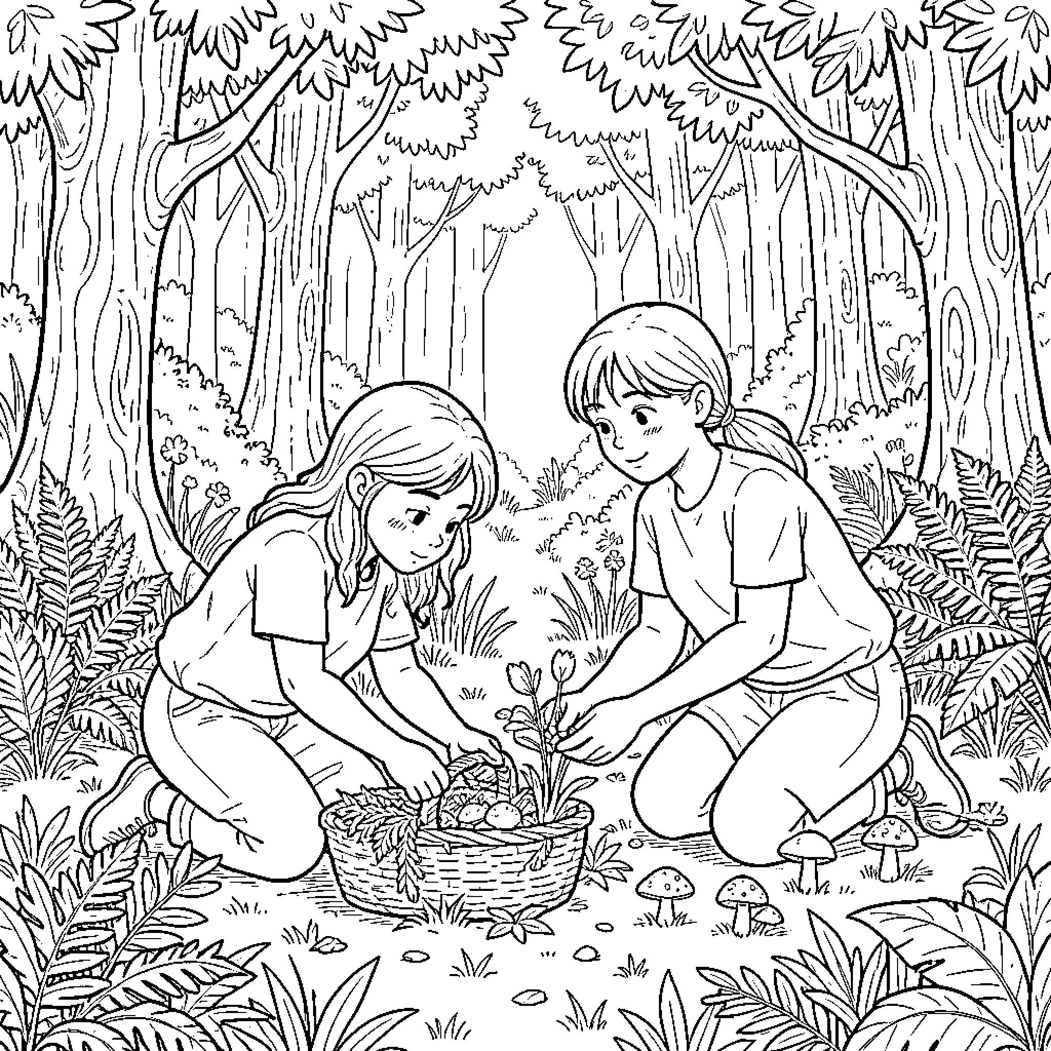 Foraging for mushrooms in the enchanted forest Coloring Page (free black-and-white line drawing printable PDF for all, from beginners to advanced learners, including children, teens, adults, and seniors)