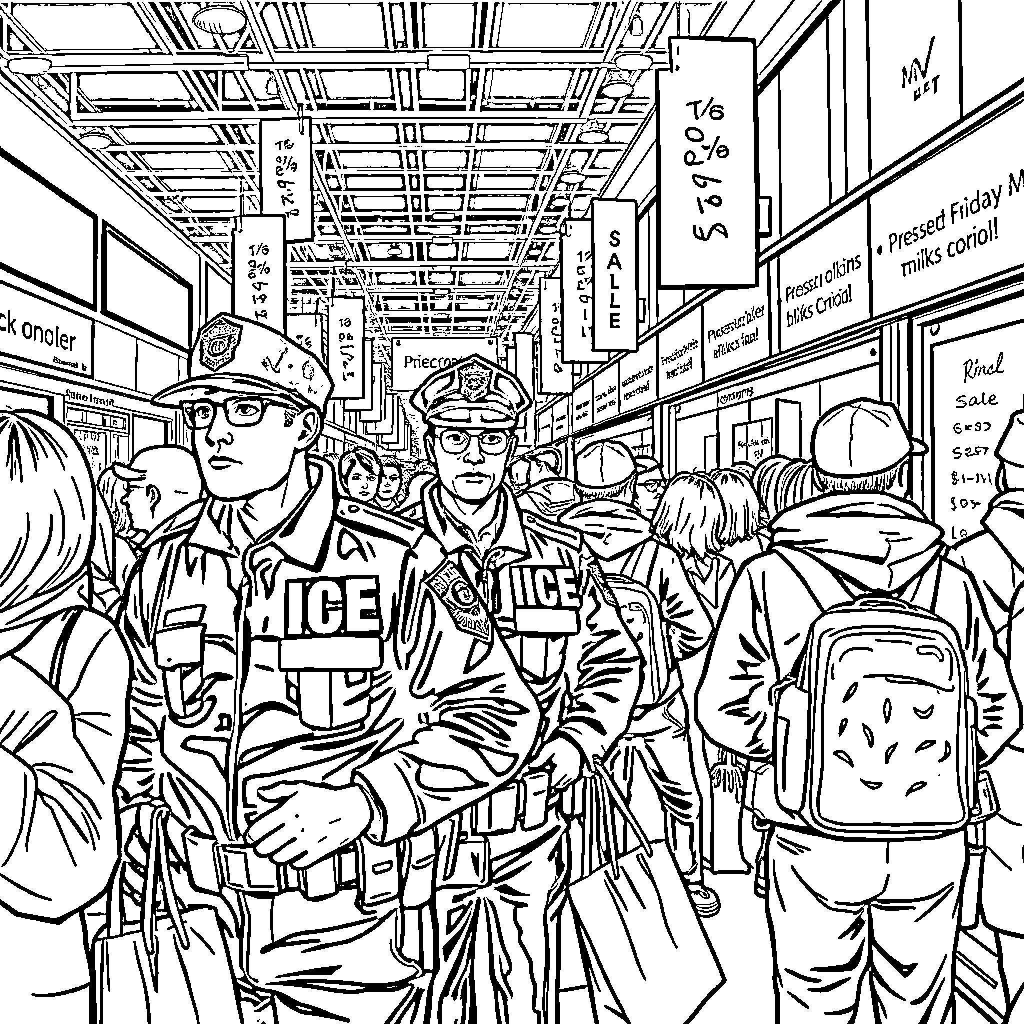 Ice Agent Patrol: Enforcement Action in Crowded Public Space Coloring Page (free black-and-white line drawing printable PDF for all, from beginners to advanced learners, including children, teens, adults, and seniors)