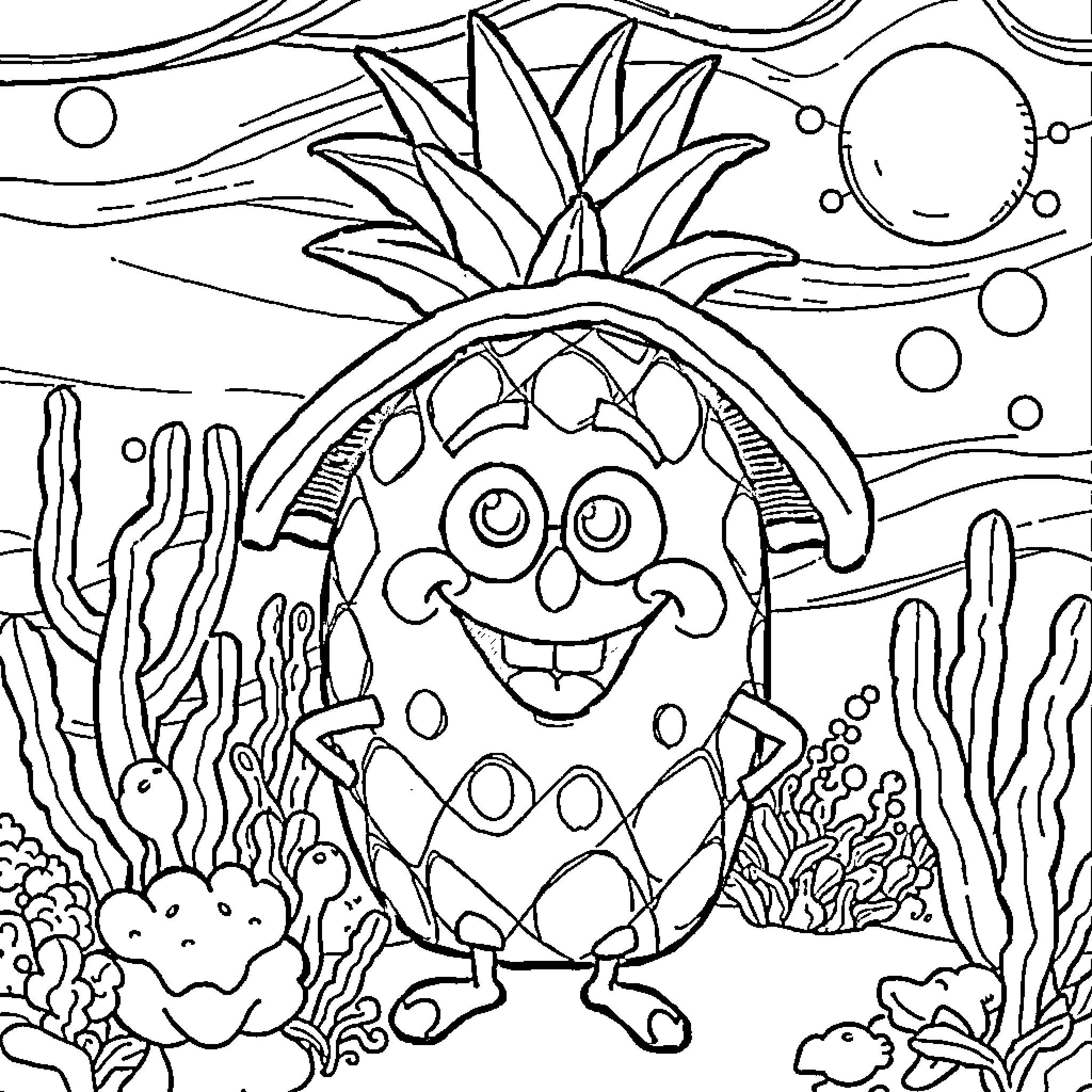 Spongebob's Underwater Pineapple Adventure Coloring Page (free black-and-white line drawing printable PDF for all, from beginners to advanced learners, including children, teens, adults, and seniors)