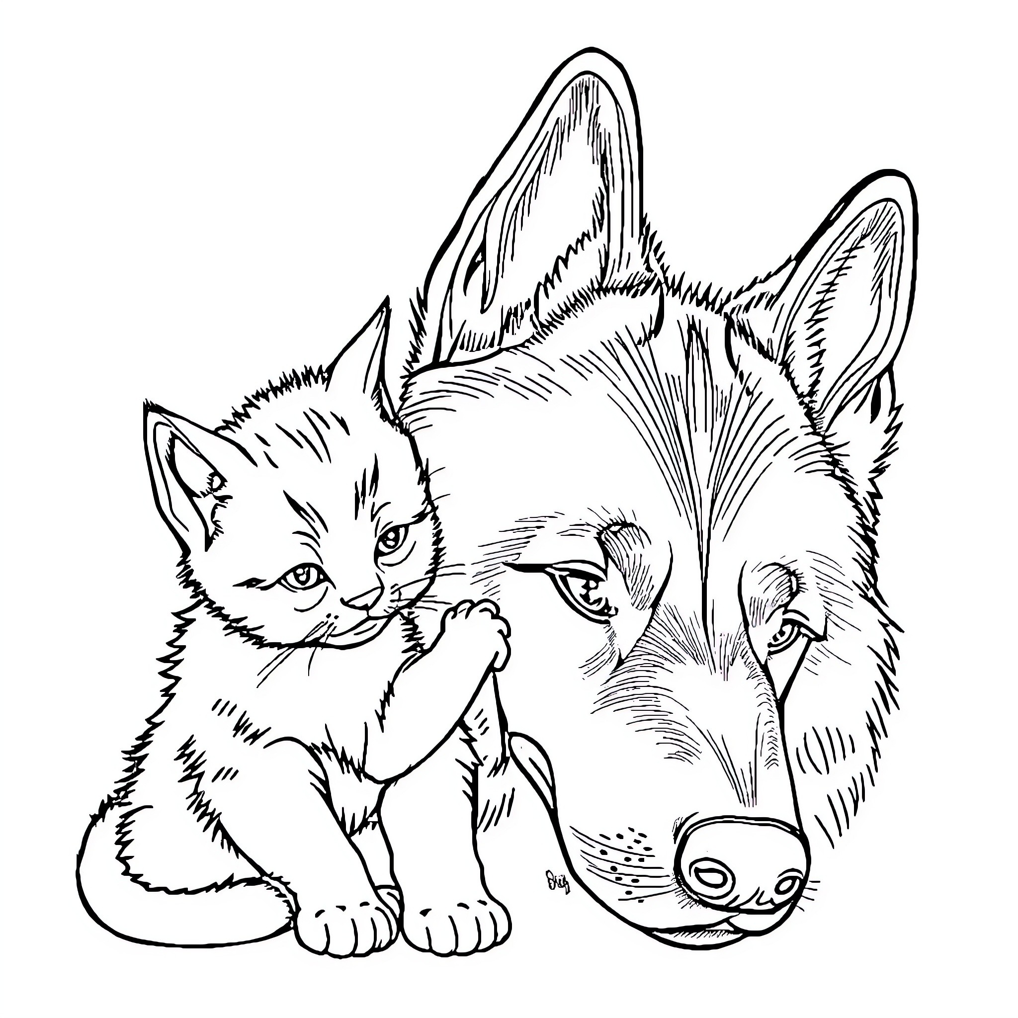 Kitten and Wolf Pair in Playful Embrace Coloring Page (free black-and-white line drawing printable PDF for all, from beginners to advanced learners, including children, teens, adults, and seniors)