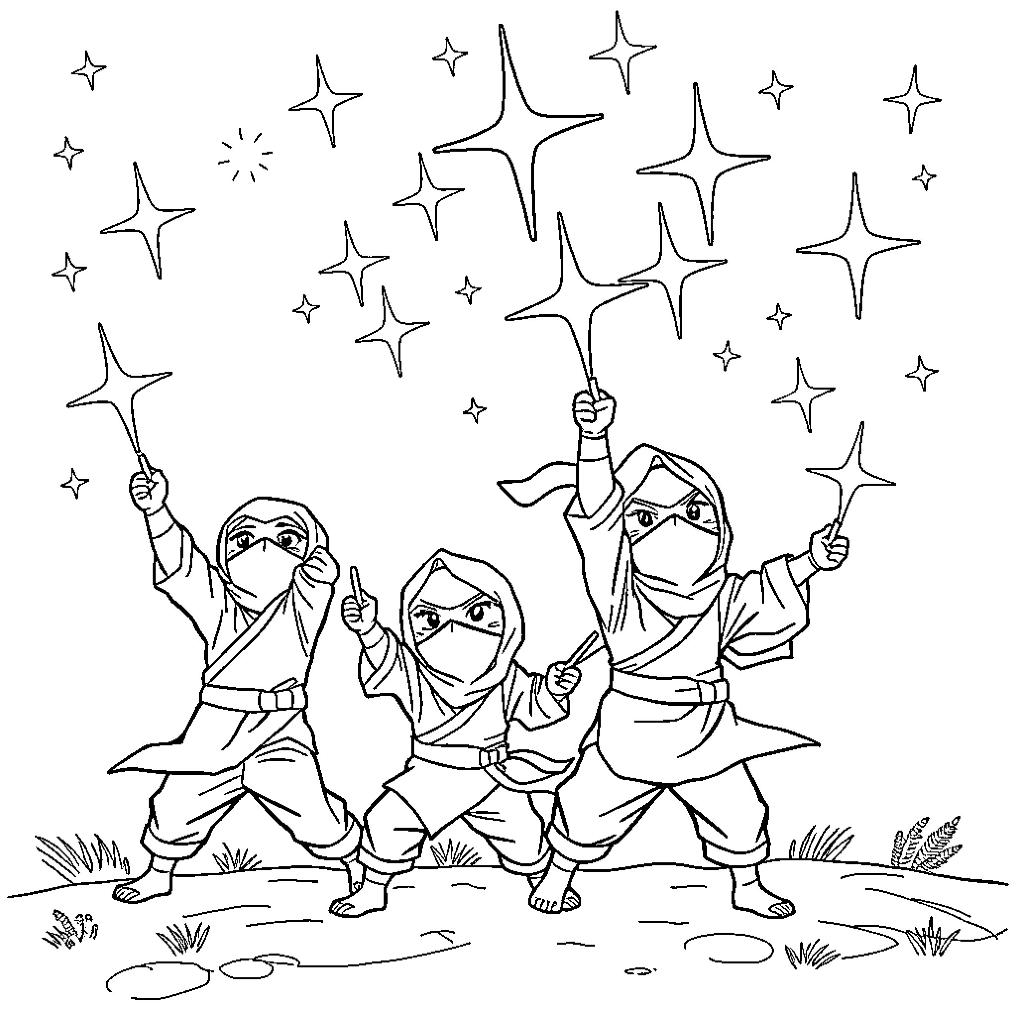 Ninja warriors performing acrobatic moves with glowing stars Coloring Page (free black-and-white line drawing printable PDF for all, from beginners to advanced learners, including children, teens, adults, and seniors)