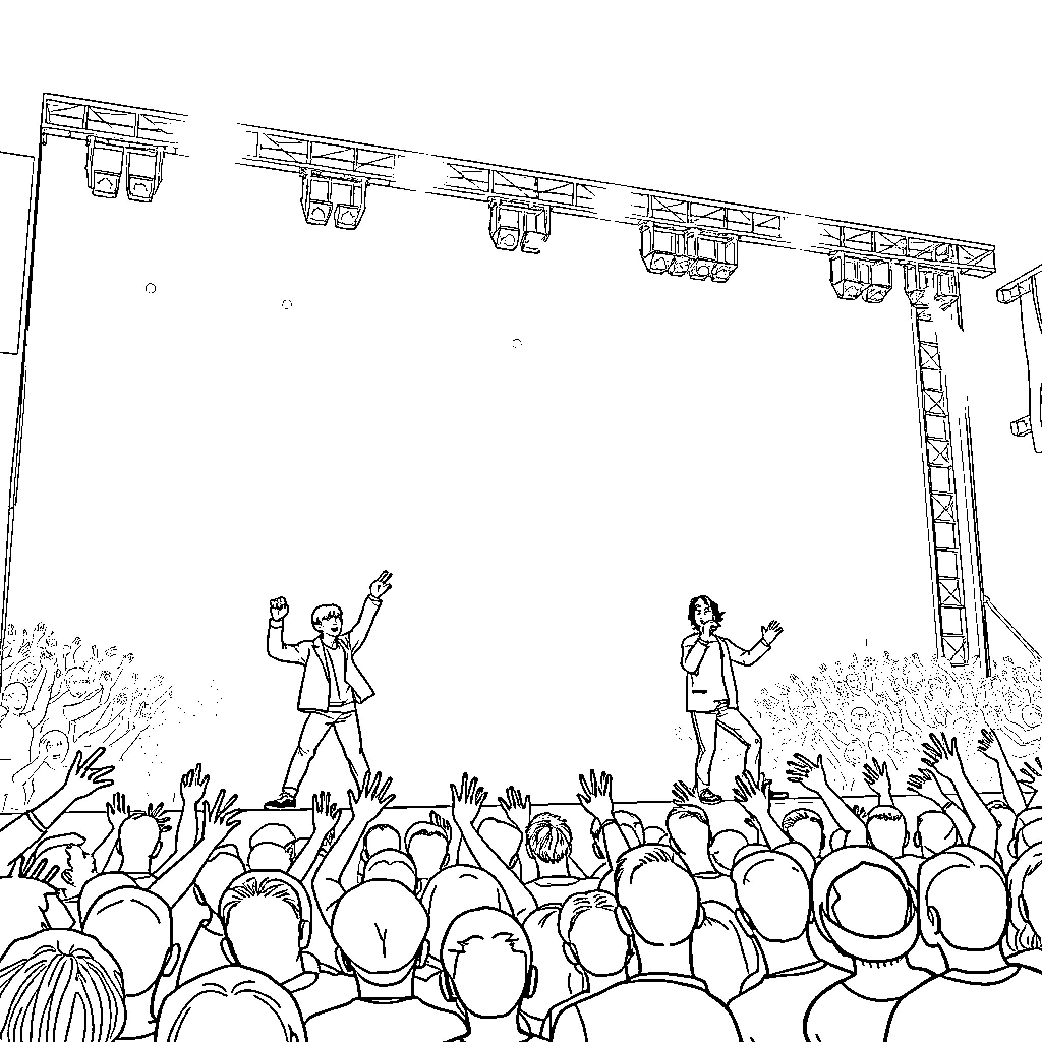 BTS Performers on Stage with Crowd Coloring Page (free black-and-white line drawing printable PDF for all, from beginners to advanced learners, including children, teens, adults, and seniors)