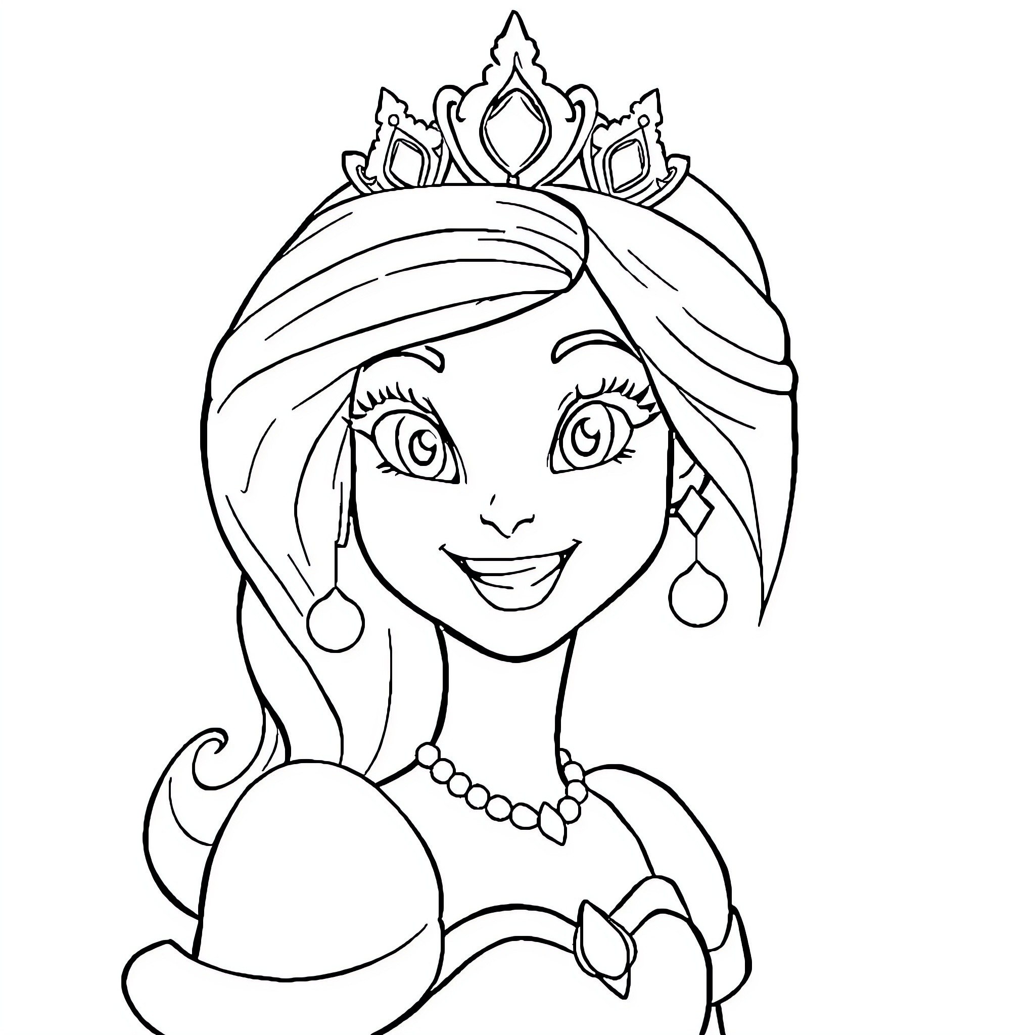Princess with Tiara and Elegant Attire Coloring Page (free black-and-white line drawing printable PDF for all, from beginners to advanced learners, including children, teens, adults, and seniors)