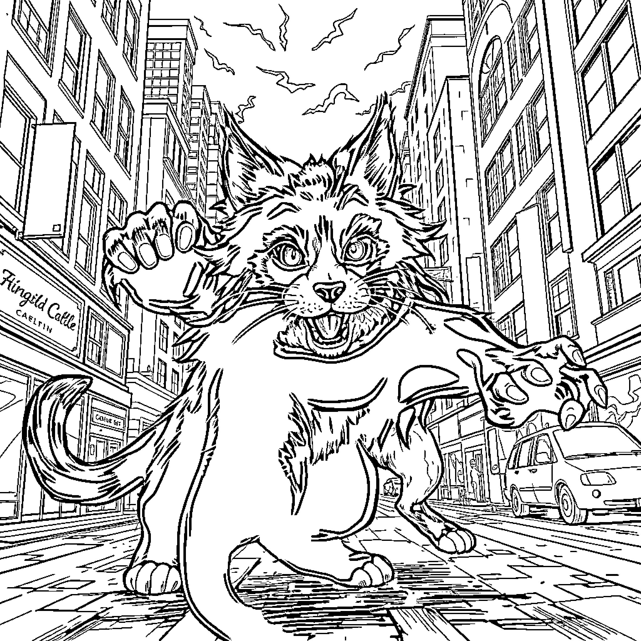 Cat Exploring Lively City Landscape Coloring Page (free black-and-white line drawing printable PDF for all, from beginners to advanced learners, including children, teens, adults, and seniors)