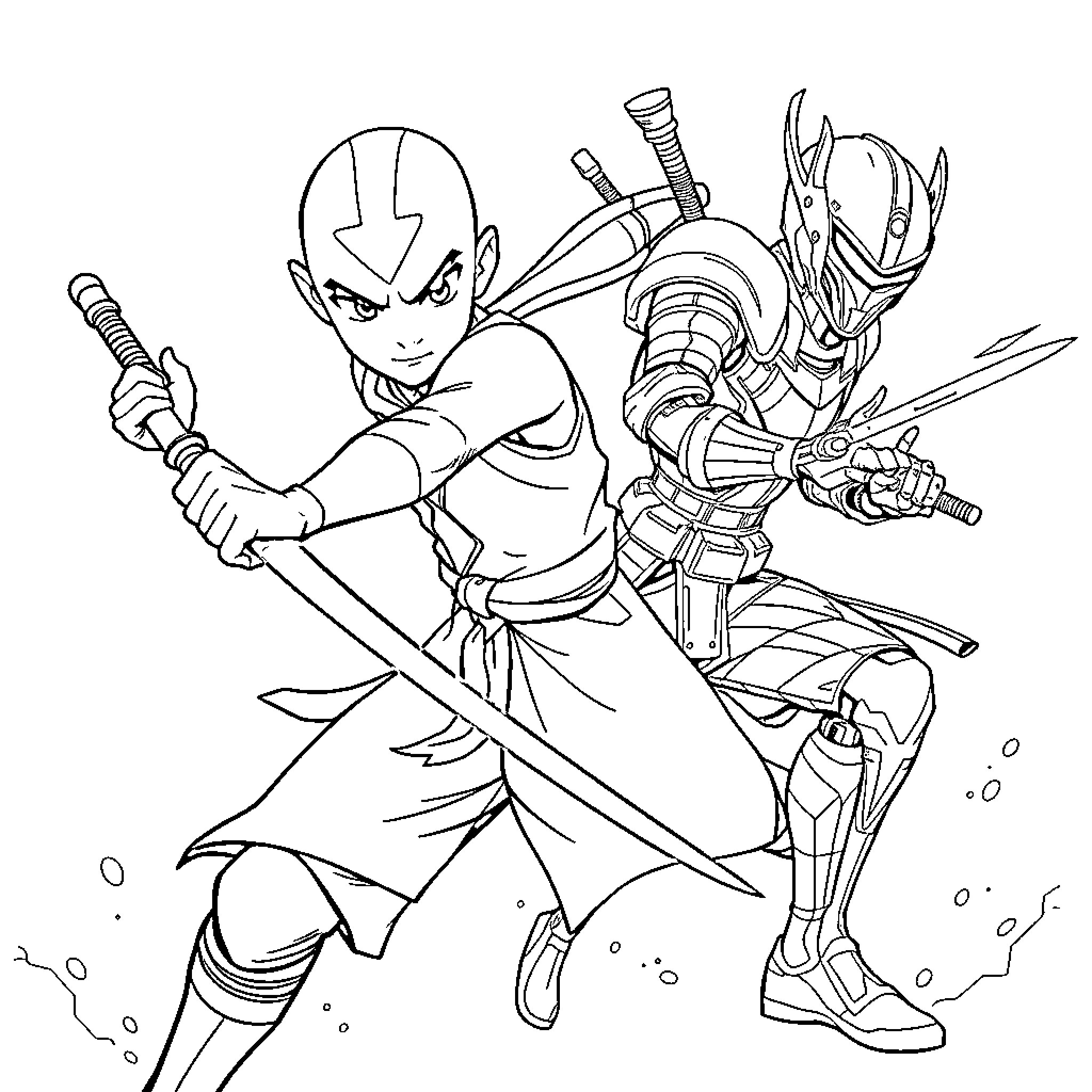 Aang's Valiant Swordplay in a Warrior's Attire Coloring Page (free black-and-white line drawing printable PDF for all, from beginners to advanced learners, including children, teens, adults, and seniors)