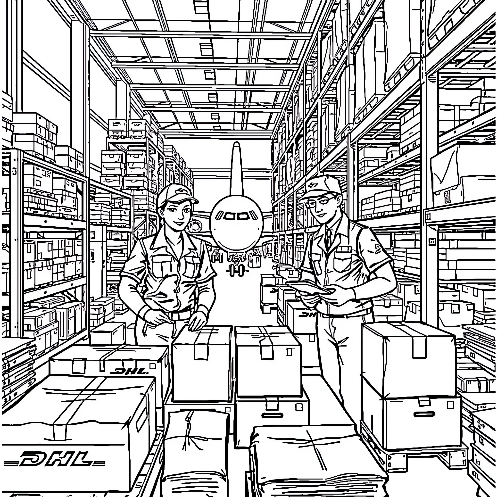 DHL Staff Working in Warehouse with Packages Coloring Page (free black-and-white line drawing printable PDF for all, from beginners to advanced learners, including children, teens, adults, and seniors)