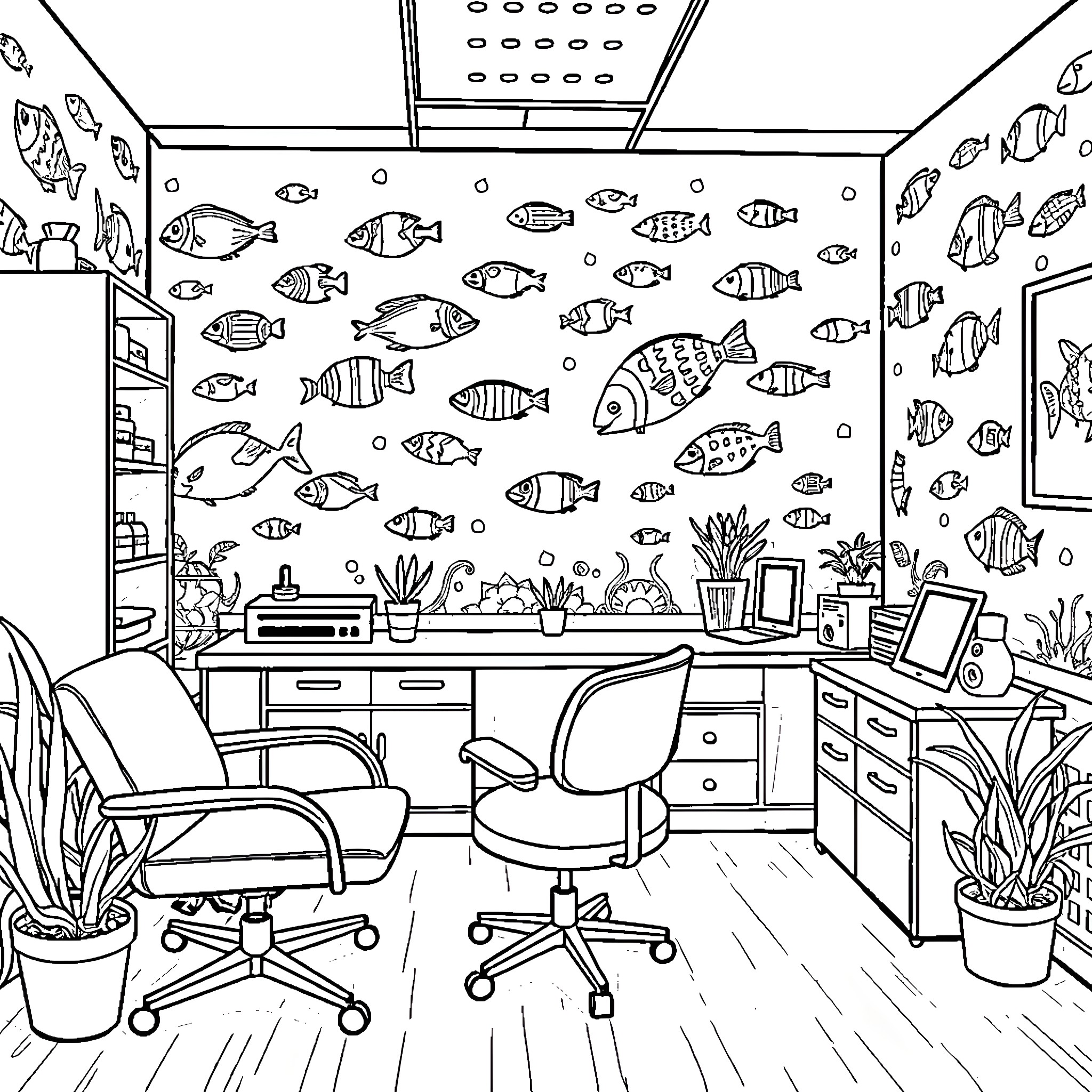 Fish swimming in vibrant underwater office Coloring Page (free black-and-white line drawing printable PDF for all, from beginners to advanced learners, including children, teens, adults, and seniors)