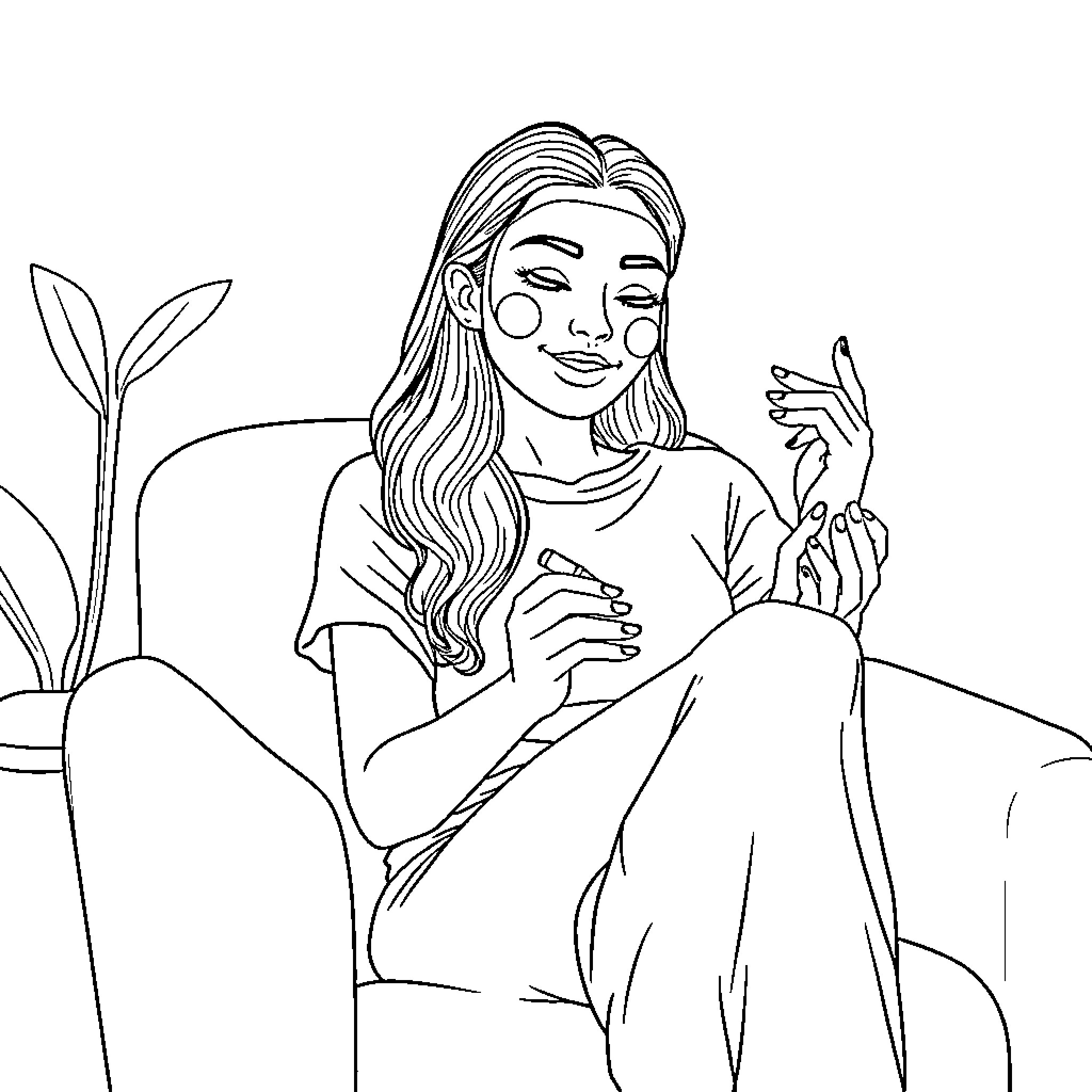 Woman relaxing with a houseplant Coloring Page (free black-and-white line drawing printable PDF for all, from beginners to advanced learners, including children, teens, adults, and seniors)