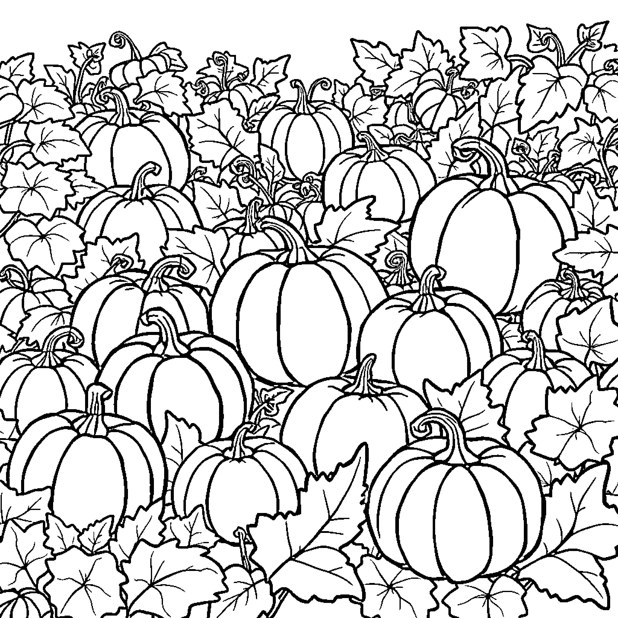 Pumpkin patch with fall leaves and foliage Coloring Page (free black-and-white line drawing printable PDF for all, from beginners to advanced learners, including children, teens, adults, and seniors)