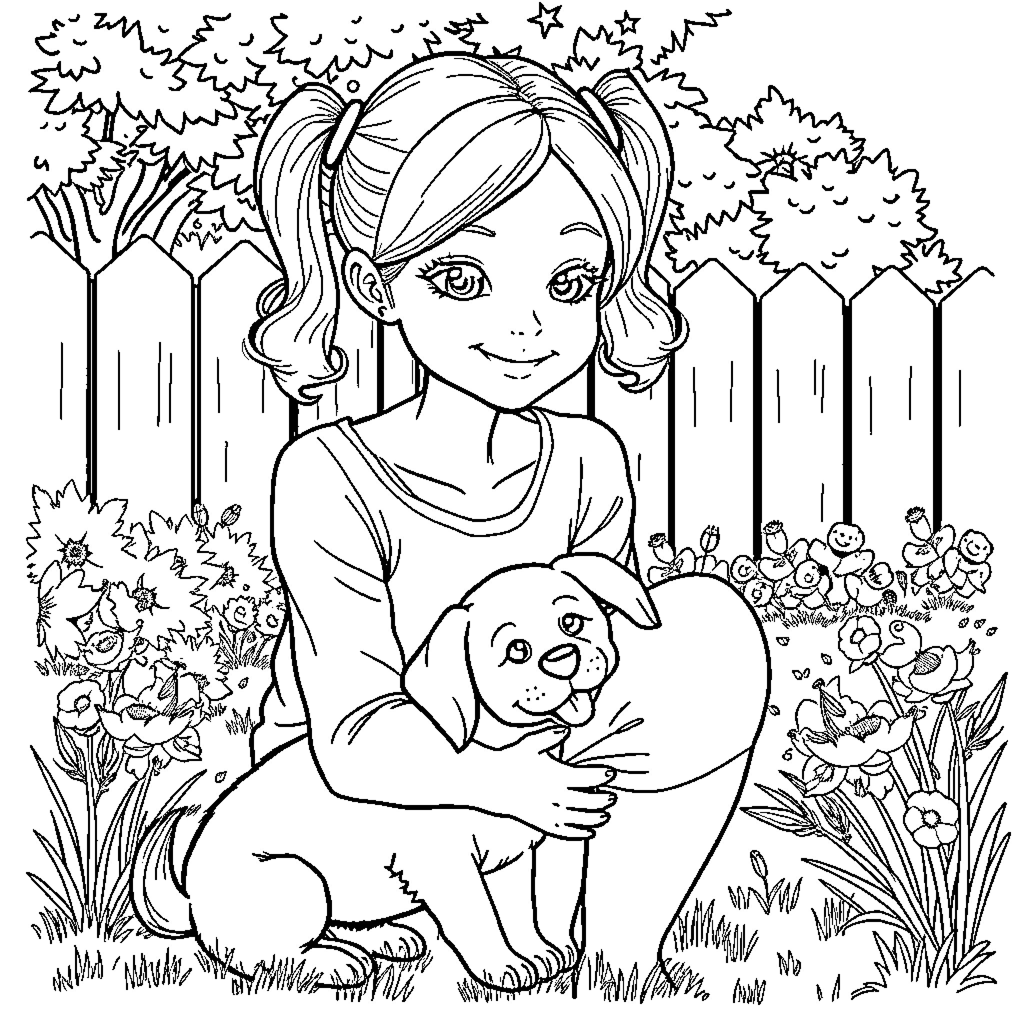 Woman embracing a puppy in a garden Coloring Page (free black-and-white line drawing printable PDF for all, from beginners to advanced learners, including children, teens, adults, and seniors)