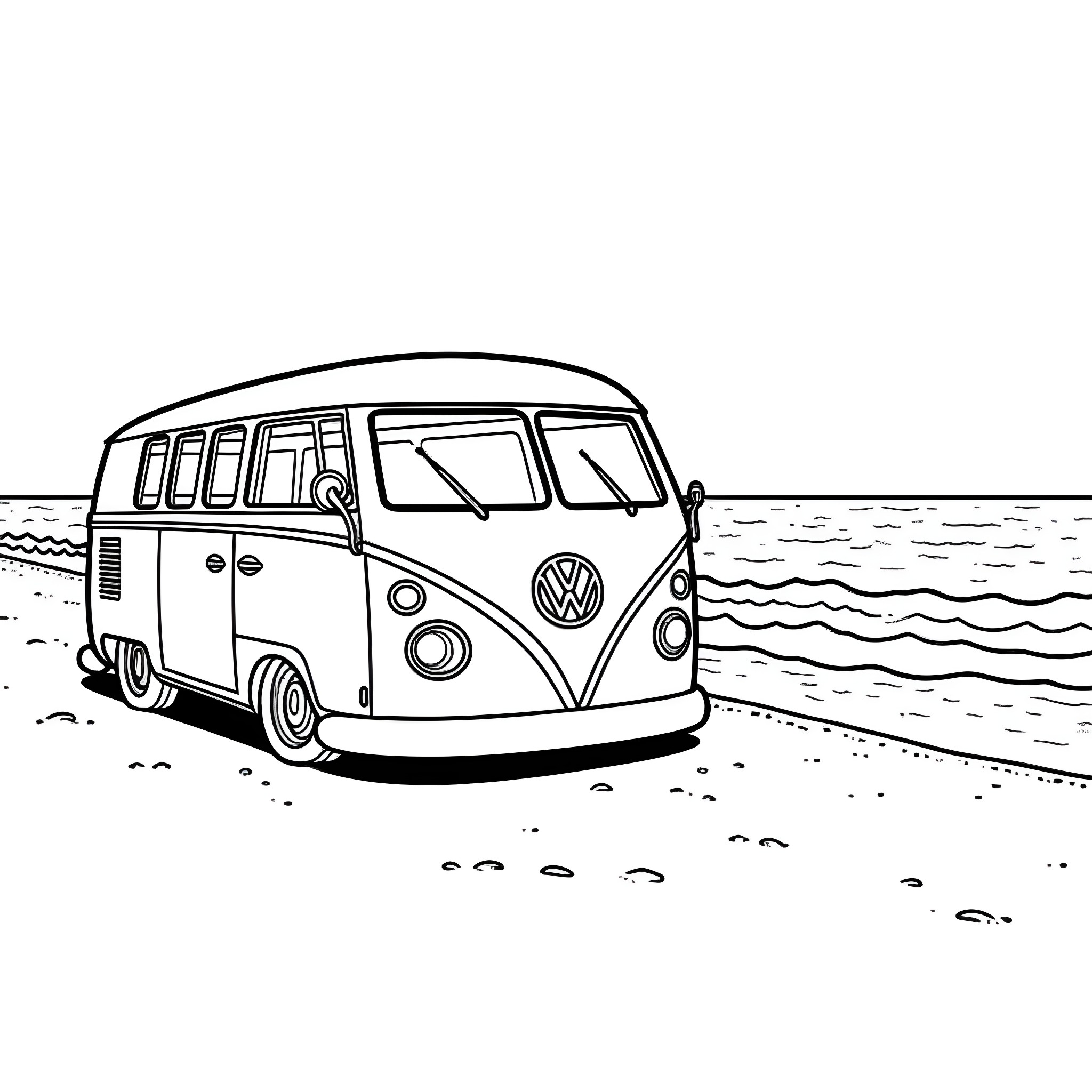 Volkswagen Bus parked by the beach Coloring Page (free black-and-white line drawing printable PDF for all, from beginners to advanced learners, including children, teens, adults, and seniors)
