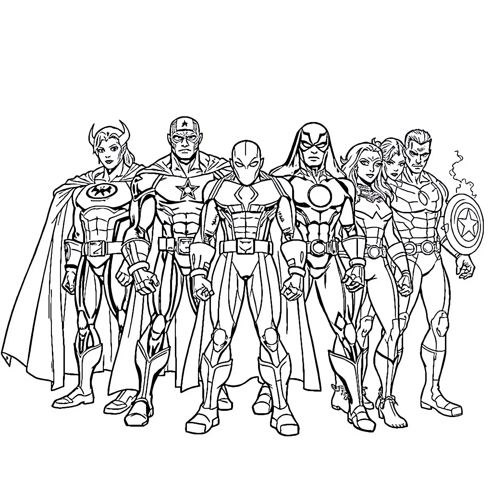Marvel Character Superheroes Assembled in Action Poses Coloring Page (free black-and-white line drawing printable PDF for all, from beginners to advanced learners, including children, teens, adults, and seniors)