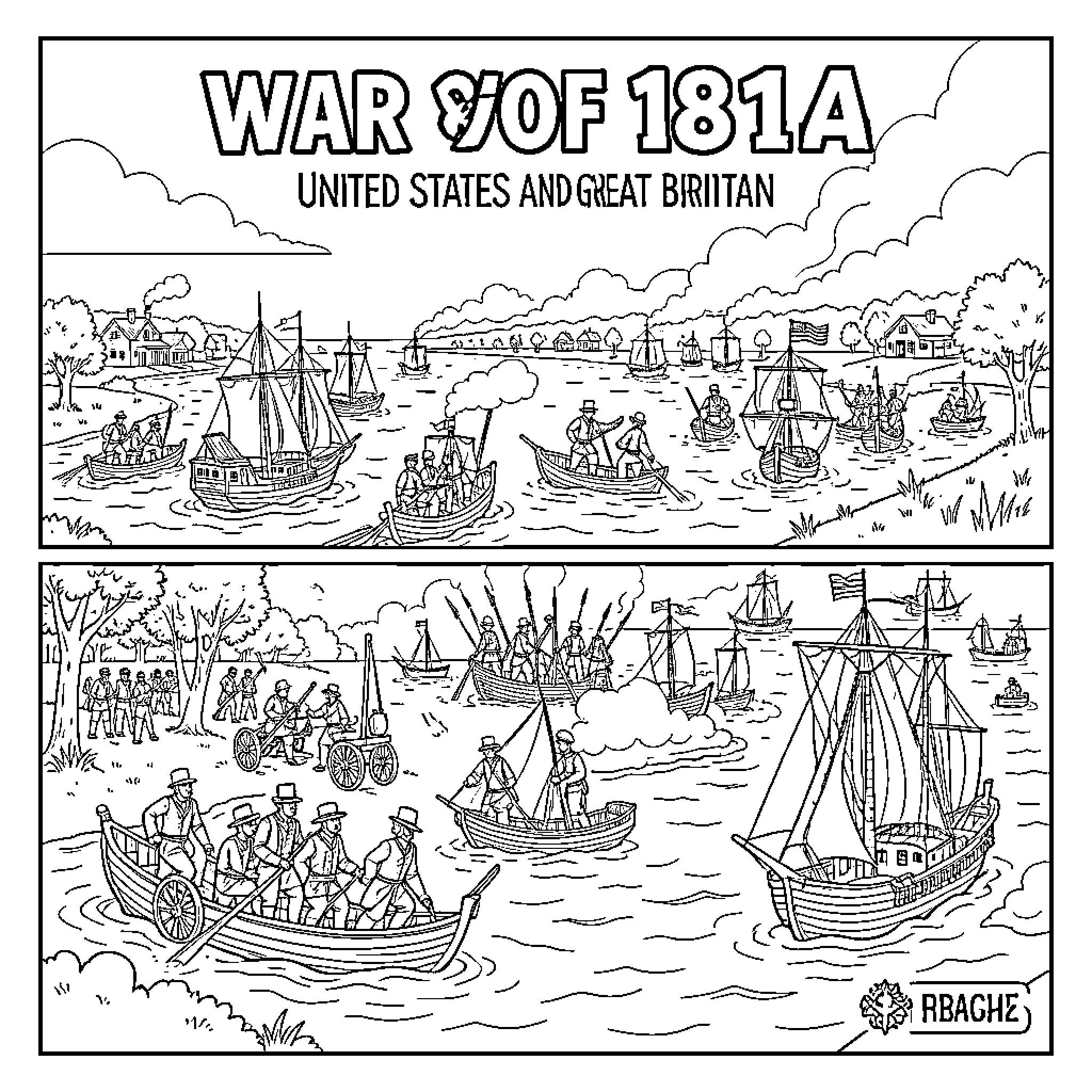 War of 1812: Naval battles between United States and Great Britain Coloring Page (free black-and-white line drawing printable PDF for all, from beginners to advanced learners, including children, teens, adults, and seniors)