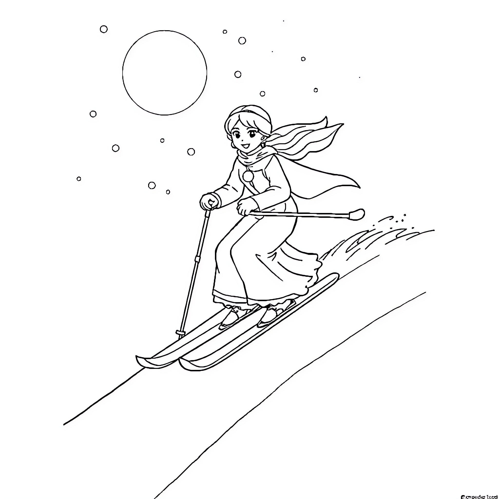Snow Queen gliding gracefully on skis in the winter Coloring Page (free black-and-white line drawing printable PDF for all, from beginners to advanced learners, including children, teens, adults, and seniors)