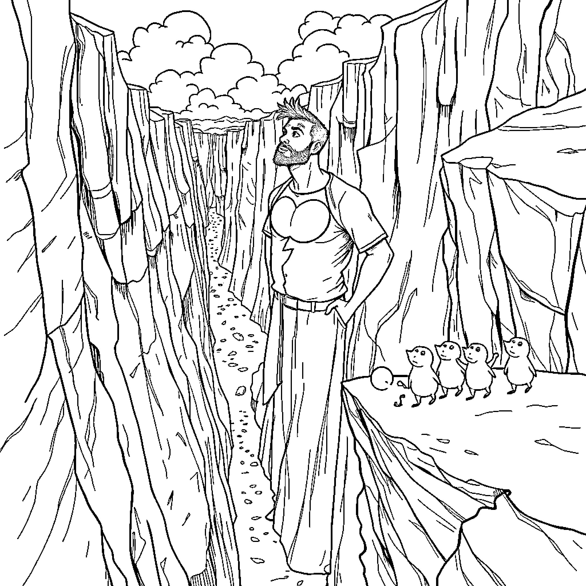 Man walking through a rugged mountain landscape Coloring Page (free black-and-white line drawing printable PDF for all, from beginners to advanced learners, including children, teens, adults, and seniors)