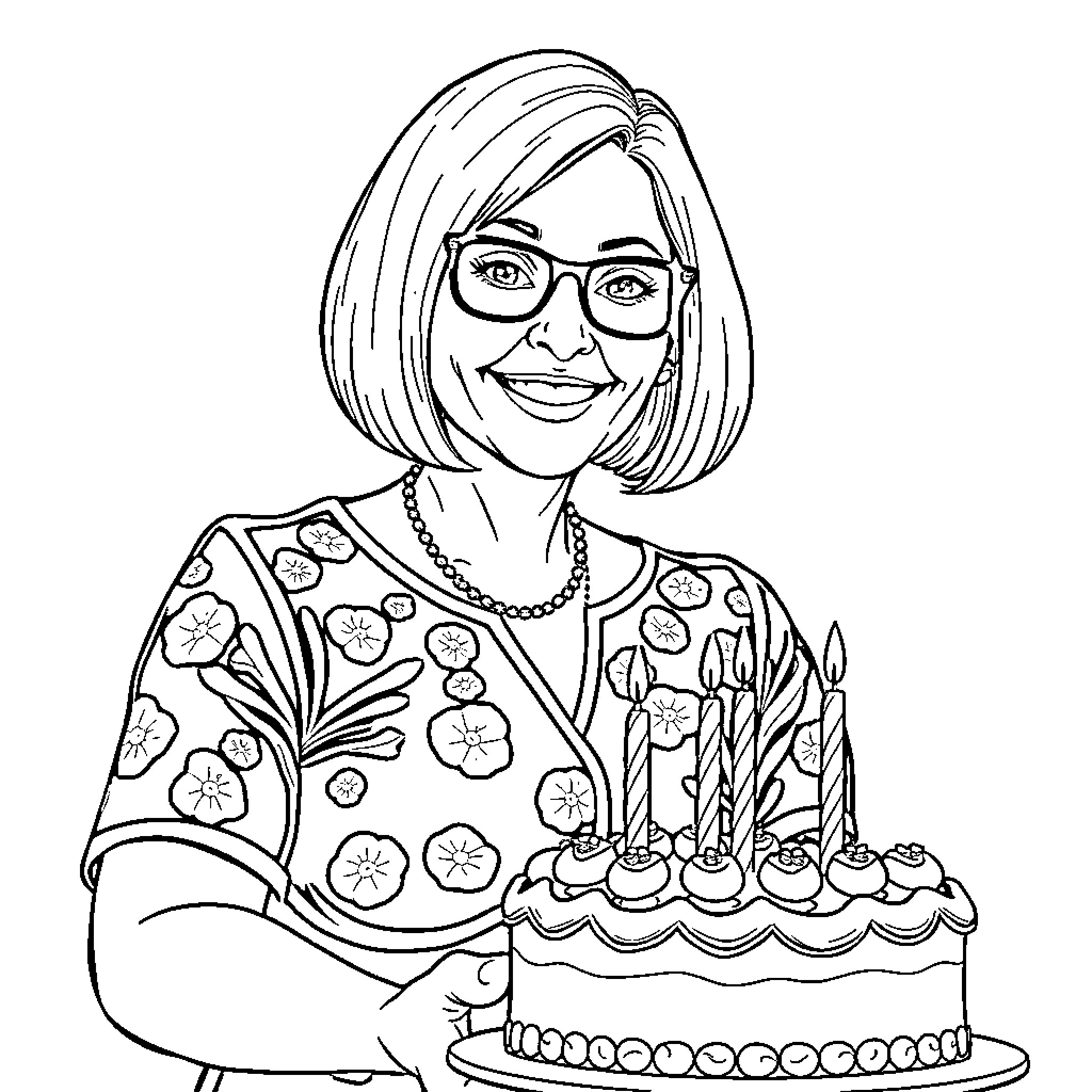 Teacher presenting a birthday cake with candles Coloring Page (free black-and-white line drawing printable PDF for all, from beginners to advanced learners, including children, teens, adults, and seniors)